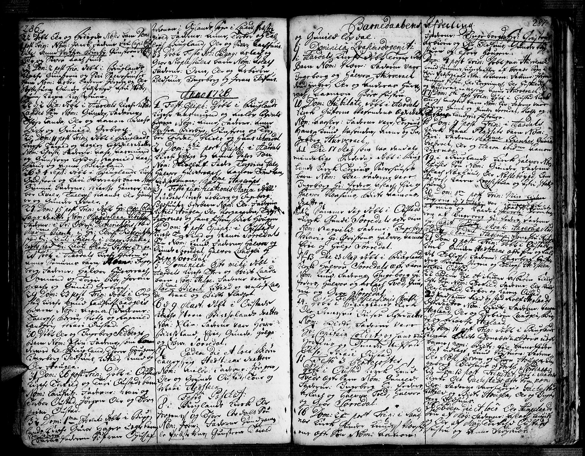 Bygland sokneprestkontor, SAK/1111-0006/F/Fa/Fab/L0001: Parish register (official) no. A 1, 1725-1766, p. 286-287