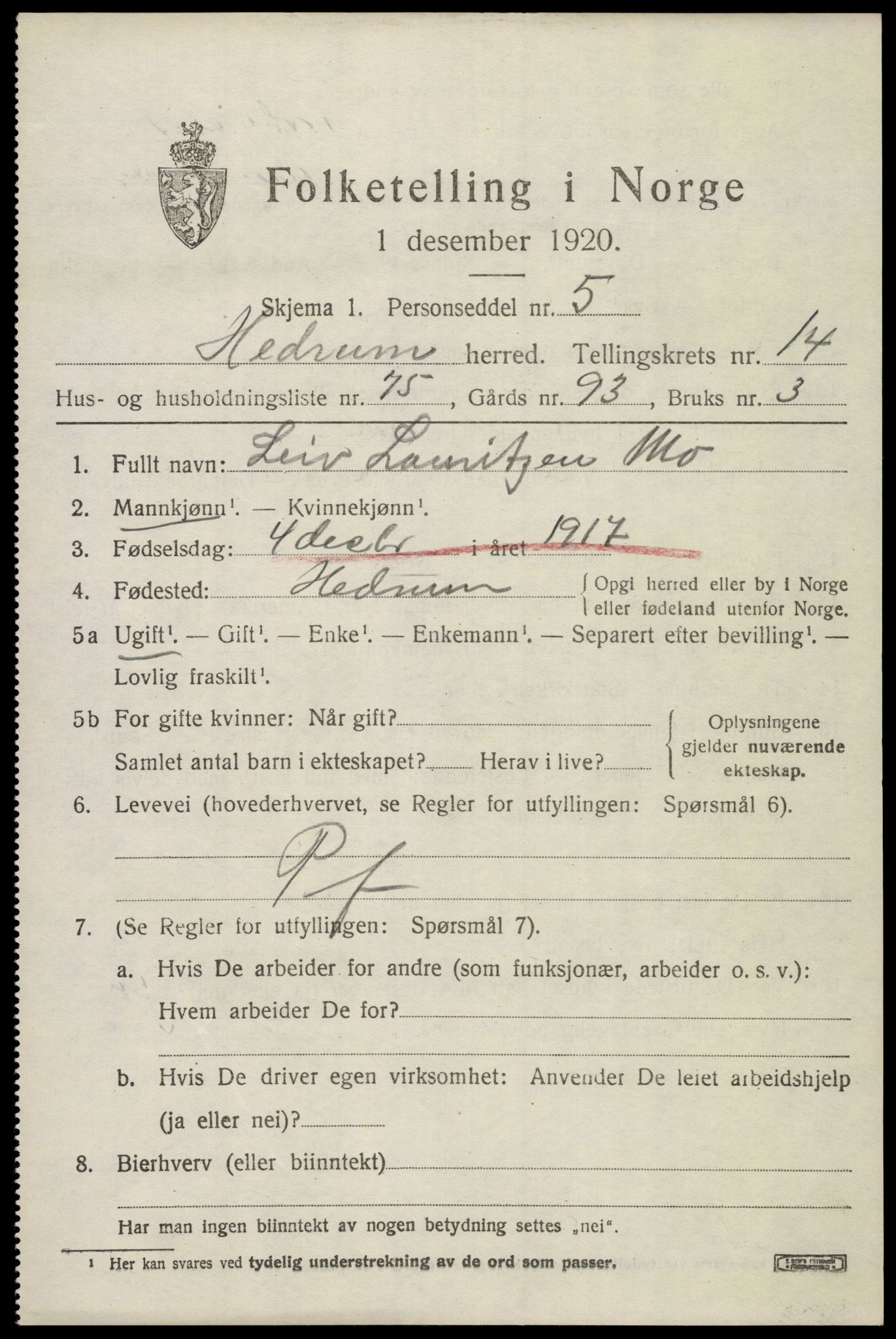 SAKO, 1920 census for Hedrum, 1920, p. 9867