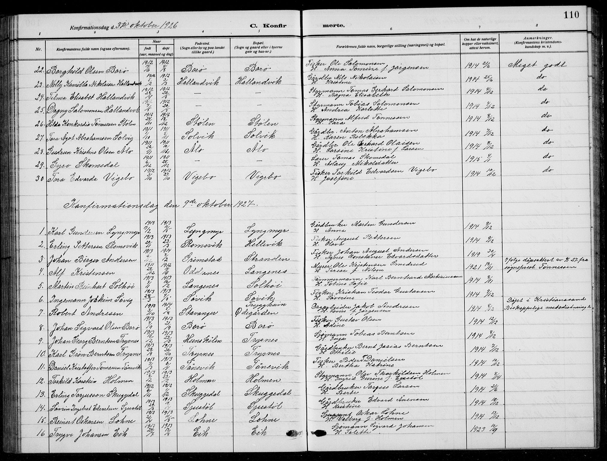 Søgne sokneprestkontor, SAK/1111-0037/F/Fb/Fbb/L0007: Parish register (copy) no. B 7, 1912-1931, p. 110