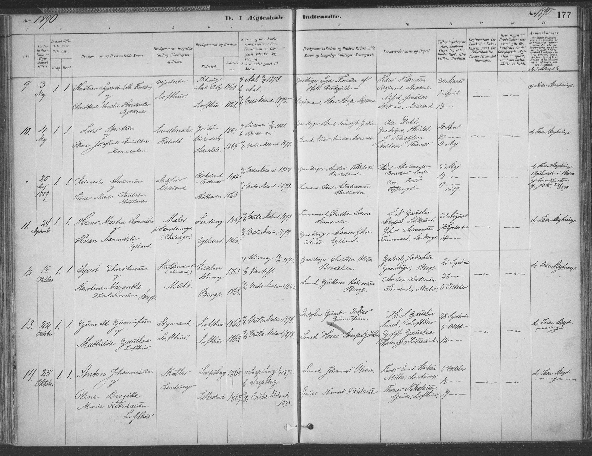 Vestre Moland sokneprestkontor, SAK/1111-0046/F/Fa/Fab/L0009: Parish register (official) no. A 9, 1884-1899, p. 177
