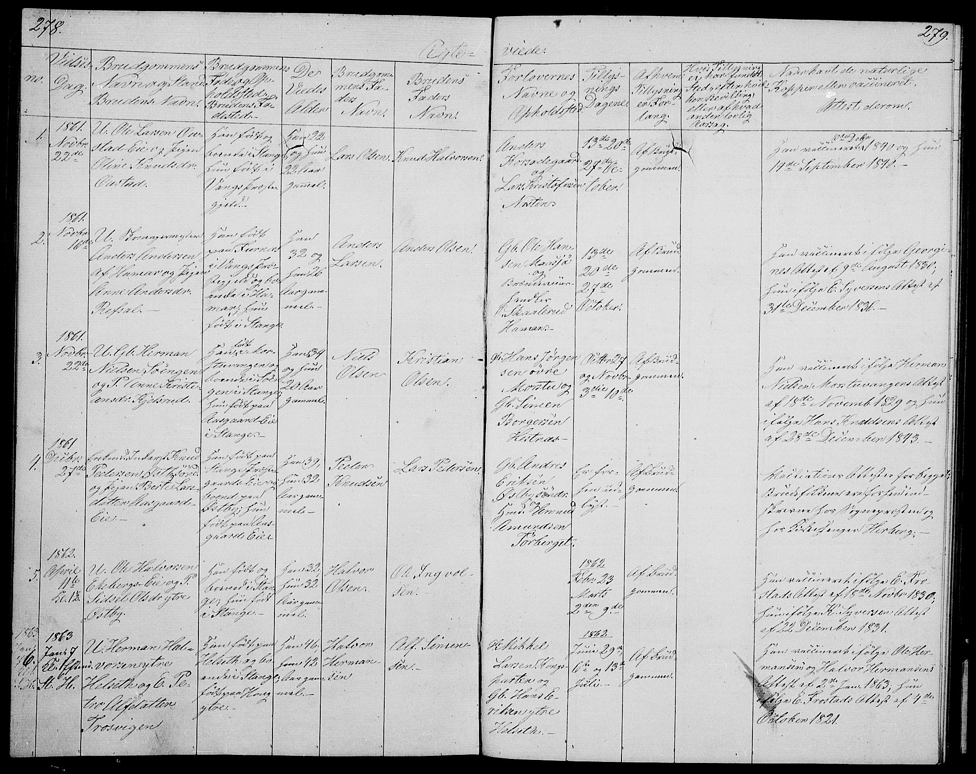 Stange prestekontor, SAH/PREST-002/L/L0004: Parish register (copy) no. 4, 1861-1869, p. 278-279
