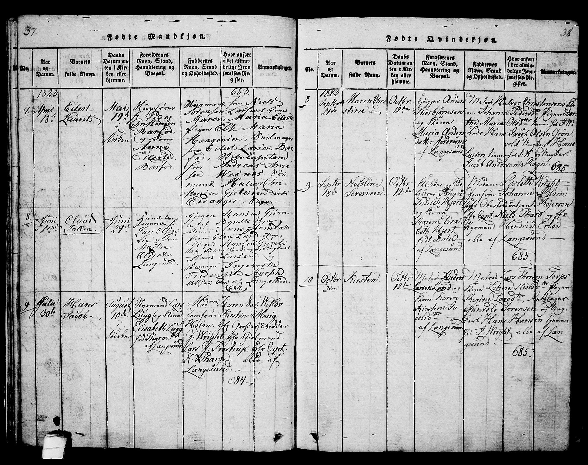 Langesund kirkebøker, SAKO/A-280/G/Ga/L0003: Parish register (copy) no. 3, 1815-1858, p. 37-38