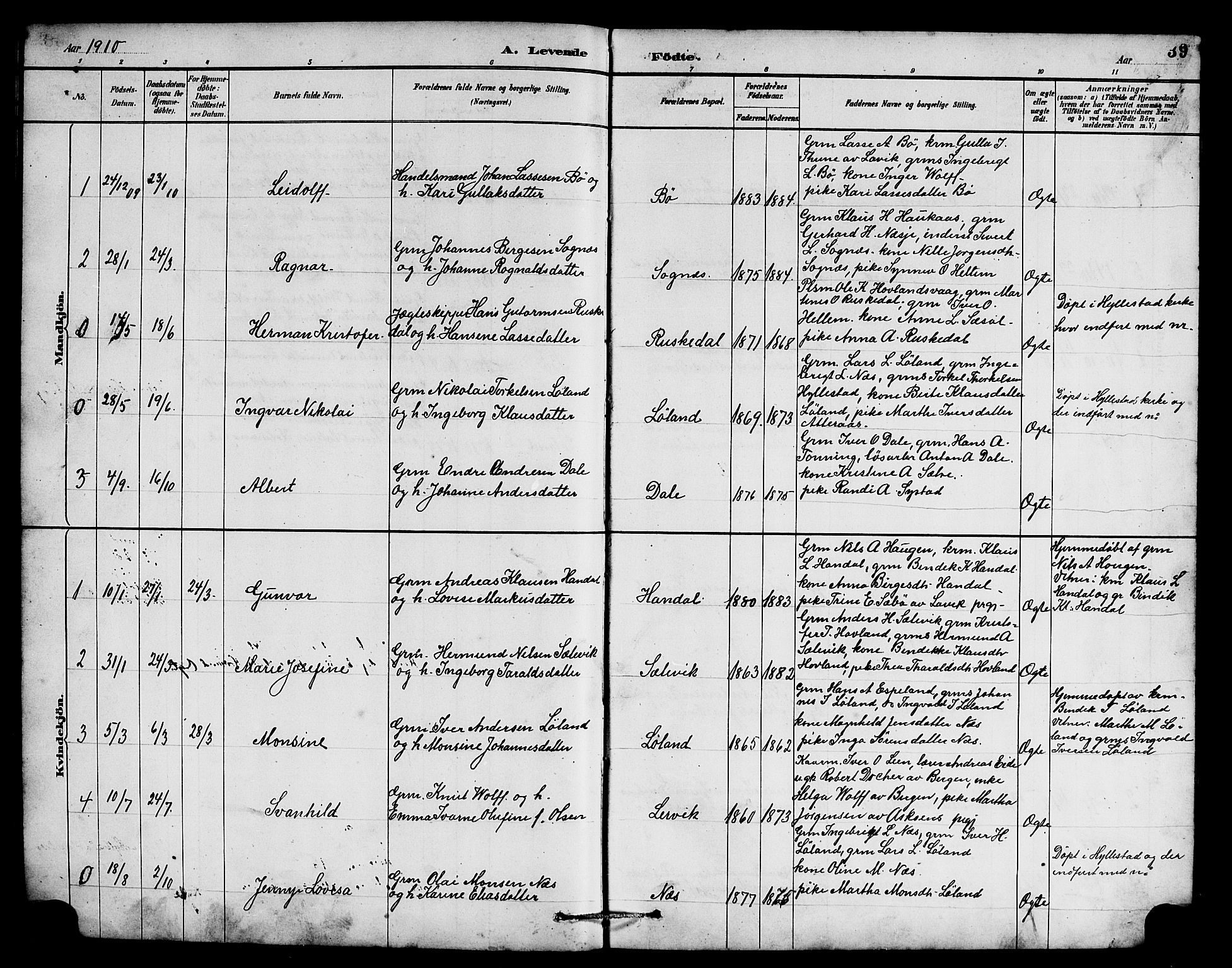 Hyllestad sokneprestembete, SAB/A-80401: Parish register (copy) no. B 2, 1889-1915, p. 39