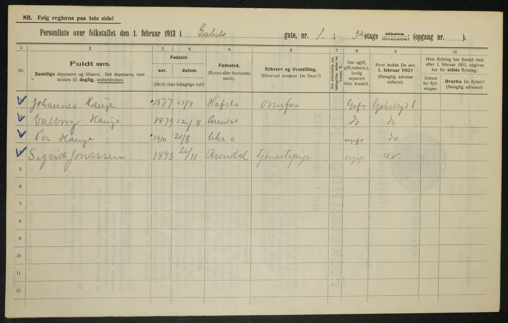 OBA, Municipal Census 1913 for Kristiania, 1913, p. 28613