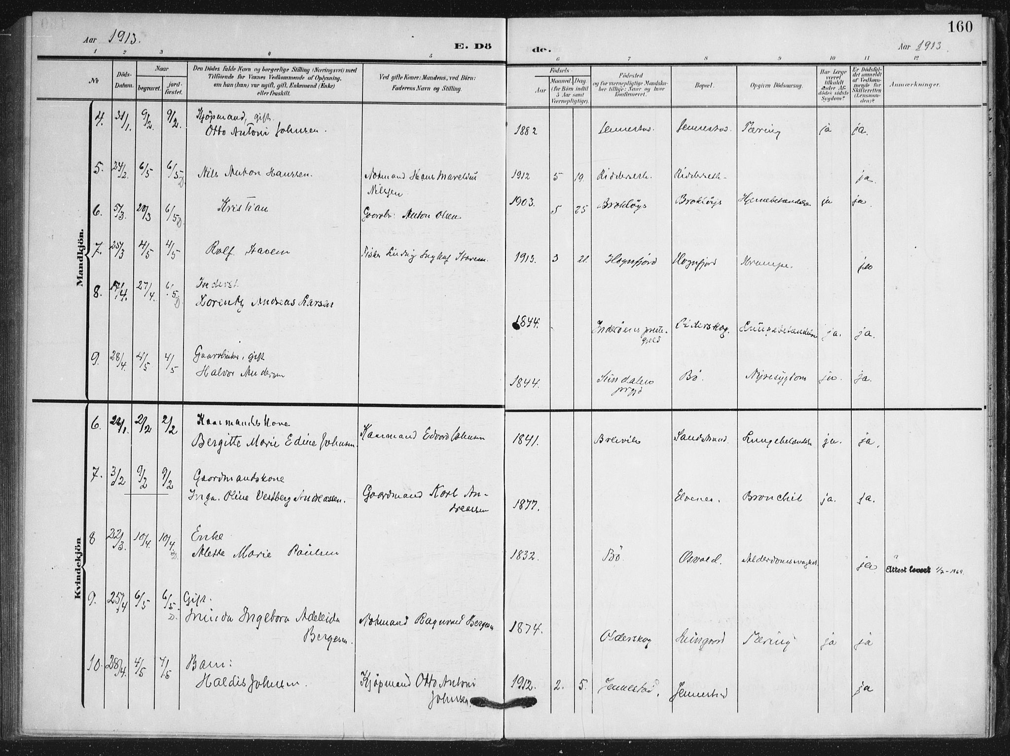 Ministerialprotokoller, klokkerbøker og fødselsregistre - Nordland, AV/SAT-A-1459/895/L1373: Parish register (official) no. 895A08, 1905-1915, p. 160