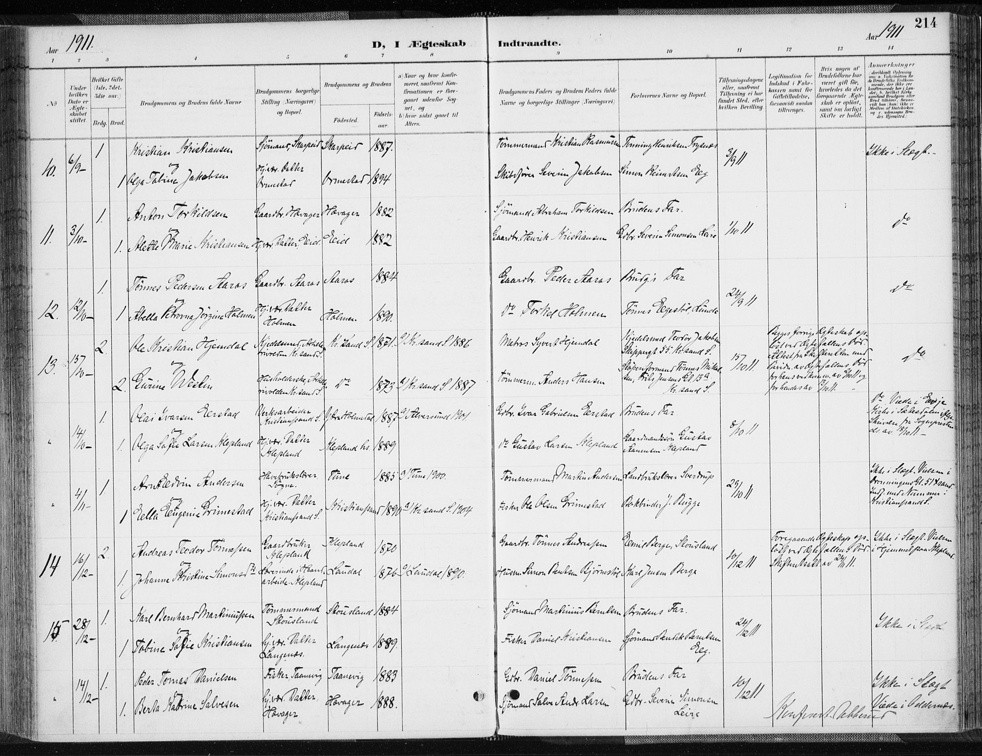 Søgne sokneprestkontor, SAK/1111-0037/F/Fa/Fab/L0013: Parish register (official) no. A 13, 1892-1911, p. 214
