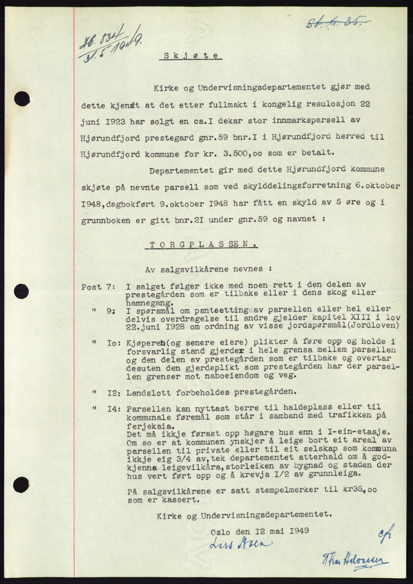 Søre Sunnmøre sorenskriveri, AV/SAT-A-4122/1/2/2C/L0084: Mortgage book no. 10A, 1949-1949, Diary no: : 834/1949