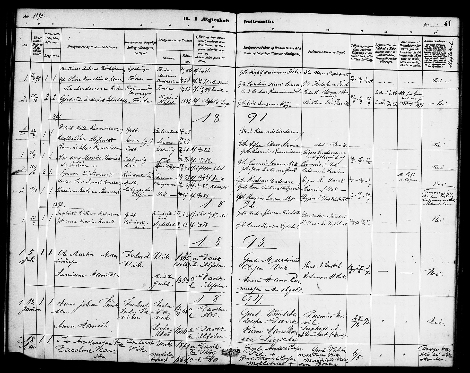 Davik sokneprestembete, SAB/A-79701/H/Haa/Haae/L0001: Parish register (official) no. E 1, 1882-1900, p. 41