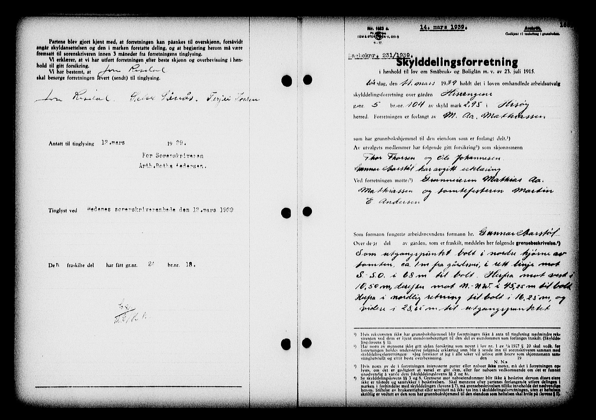 Nedenes sorenskriveri, SAK/1221-0006/G/Gb/Gba/L0046: Mortgage book no. 42, 1938-1939, Diary no: : 231/1939