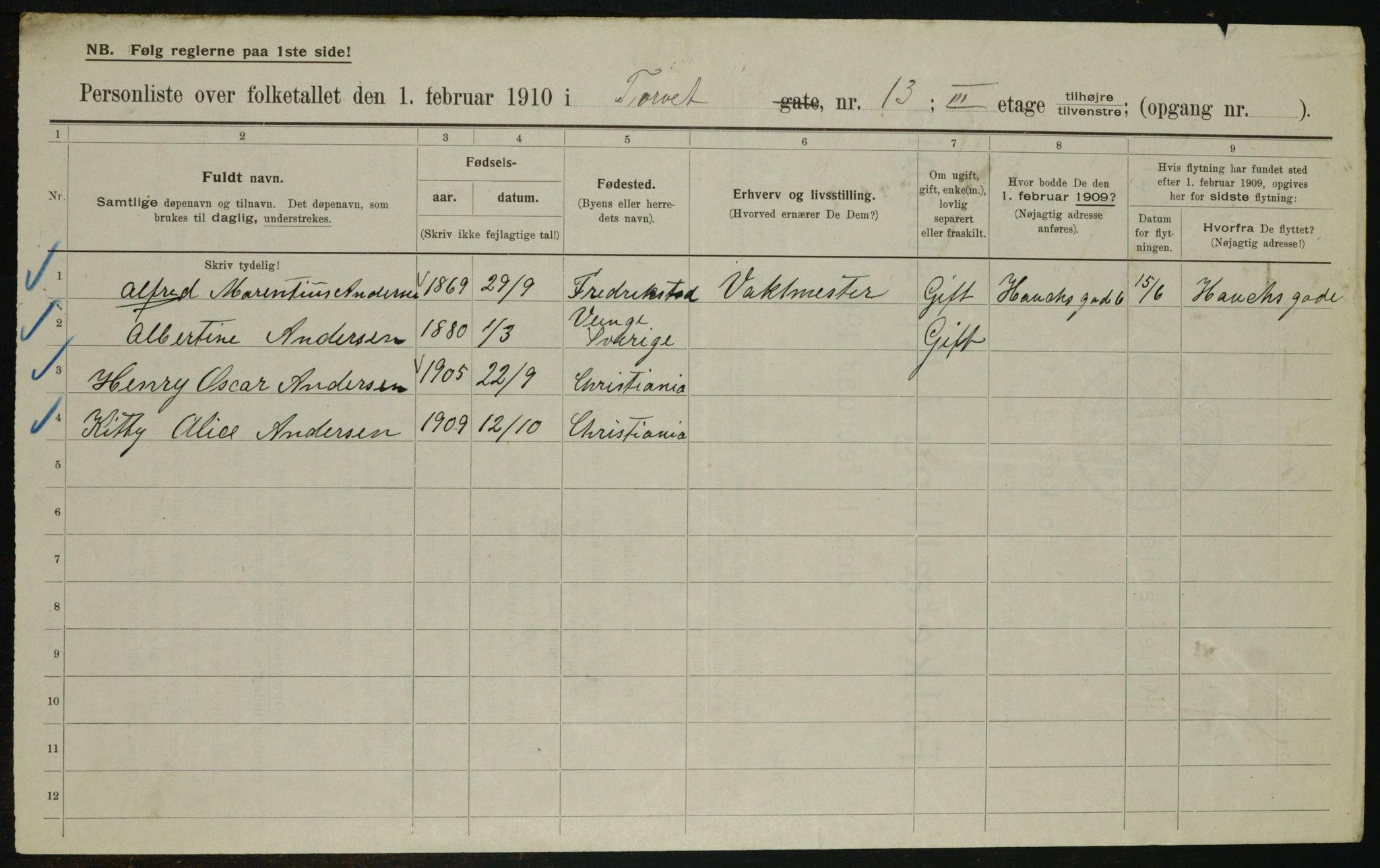 OBA, Municipal Census 1910 for Kristiania, 1910, p. 109373