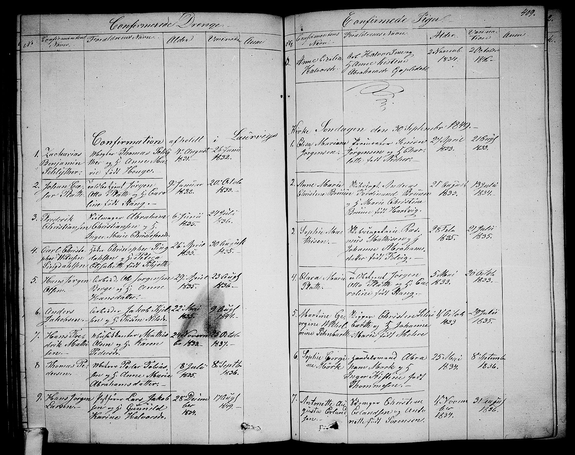 Larvik kirkebøker, AV/SAKO-A-352/G/Ga/L0003b: Parish register (copy) no. I 3B, 1830-1870, p. 409