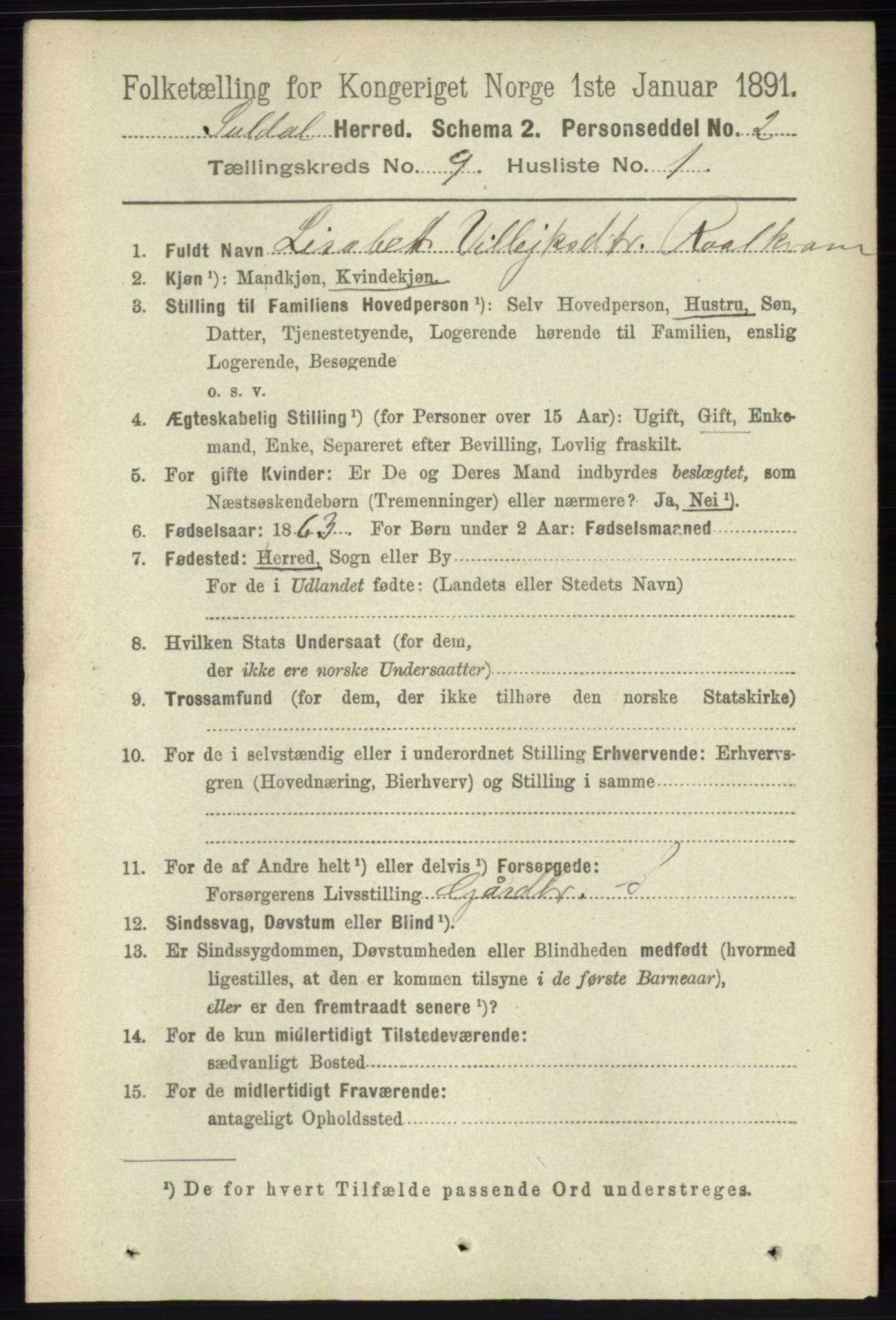 RA, 1891 census for 1134 Suldal, 1891, p. 2657