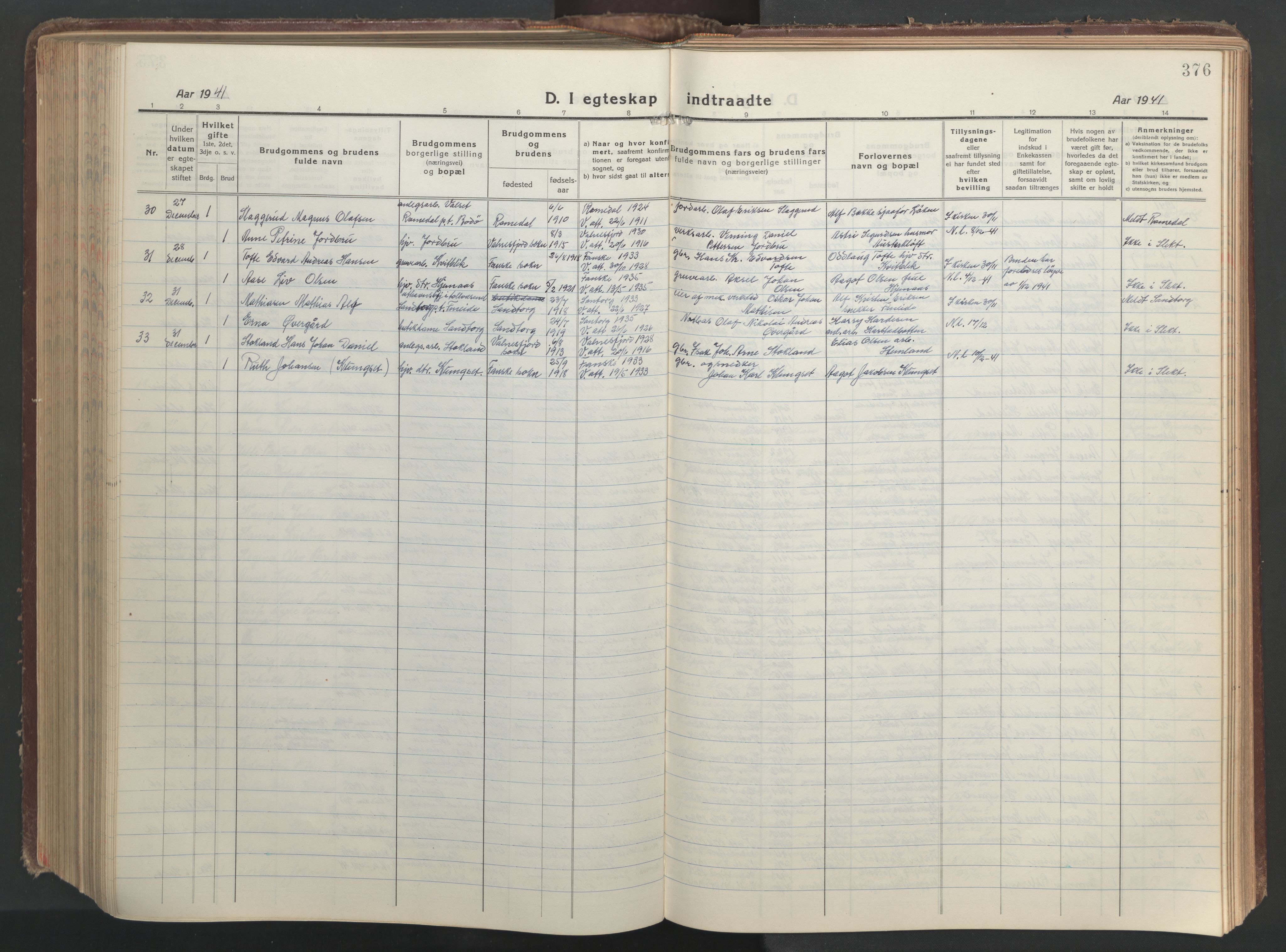 Ministerialprotokoller, klokkerbøker og fødselsregistre - Nordland, AV/SAT-A-1459/849/L0700: Parish register (copy) no. 849C01, 1919-1946, p. 376