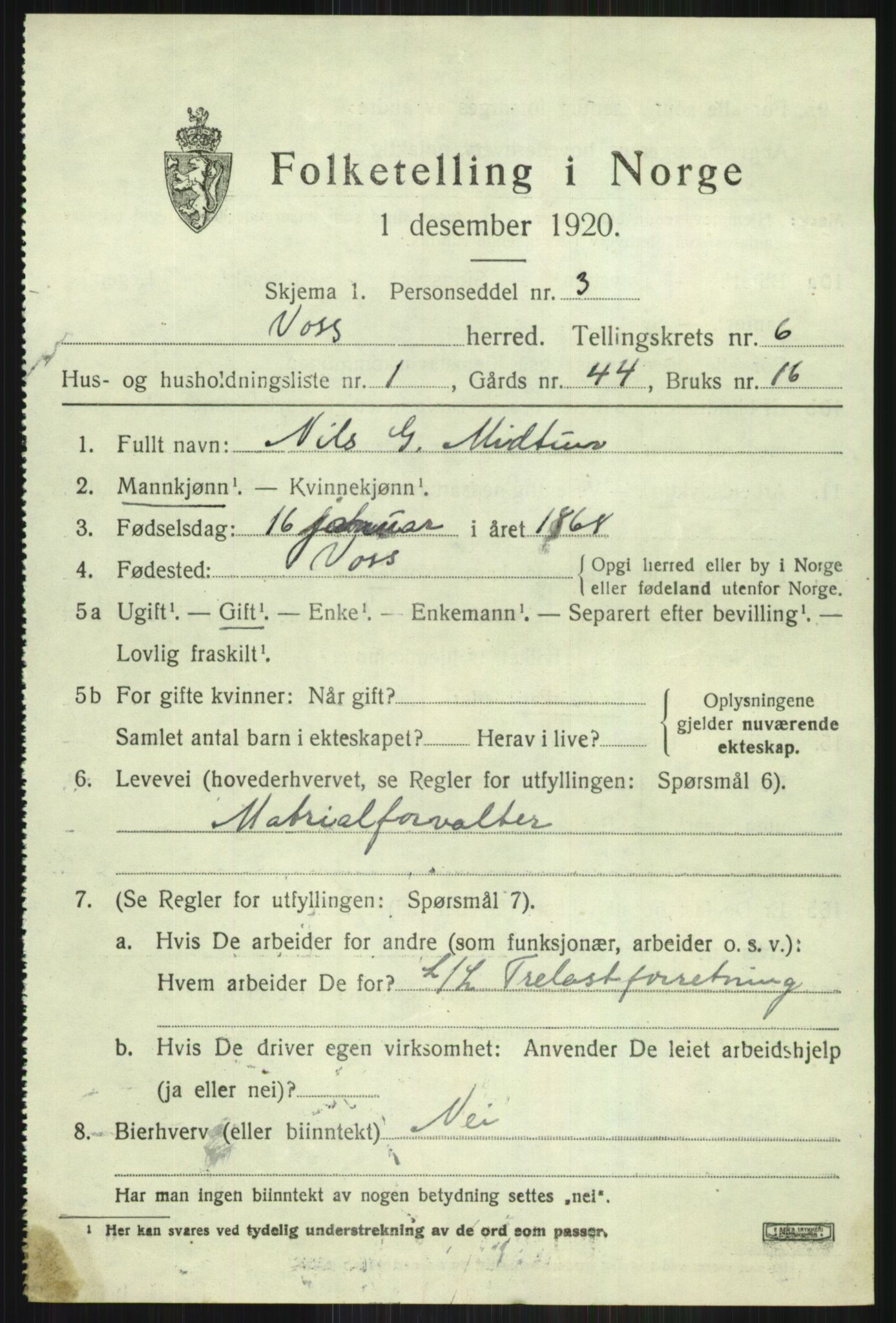 SAB, 1920 census for Voss, 1920, p. 5927