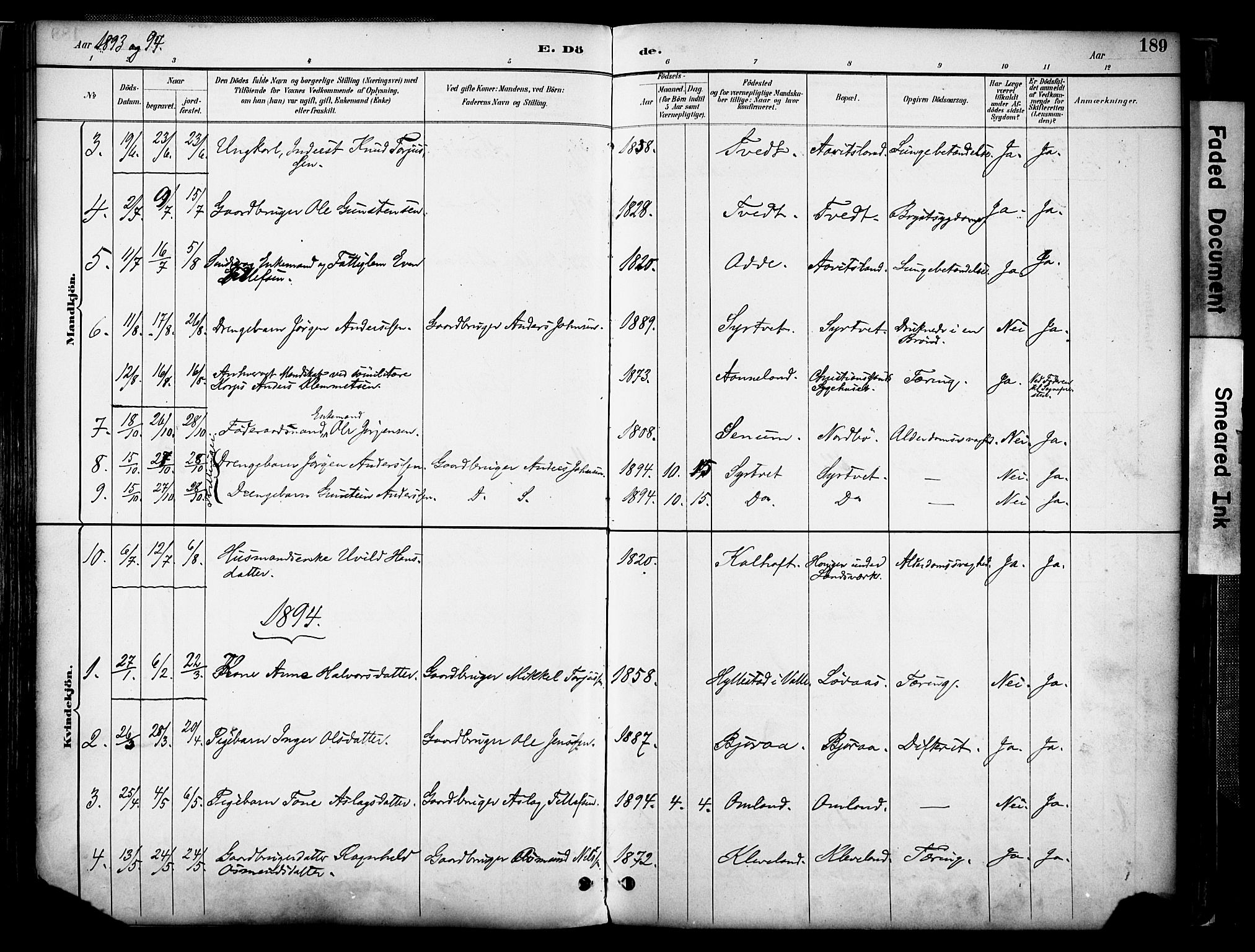 Evje sokneprestkontor, AV/SAK-1111-0008/F/Fa/Faa/L0007: Parish register (official) no. A 7, 1884-1909, p. 189