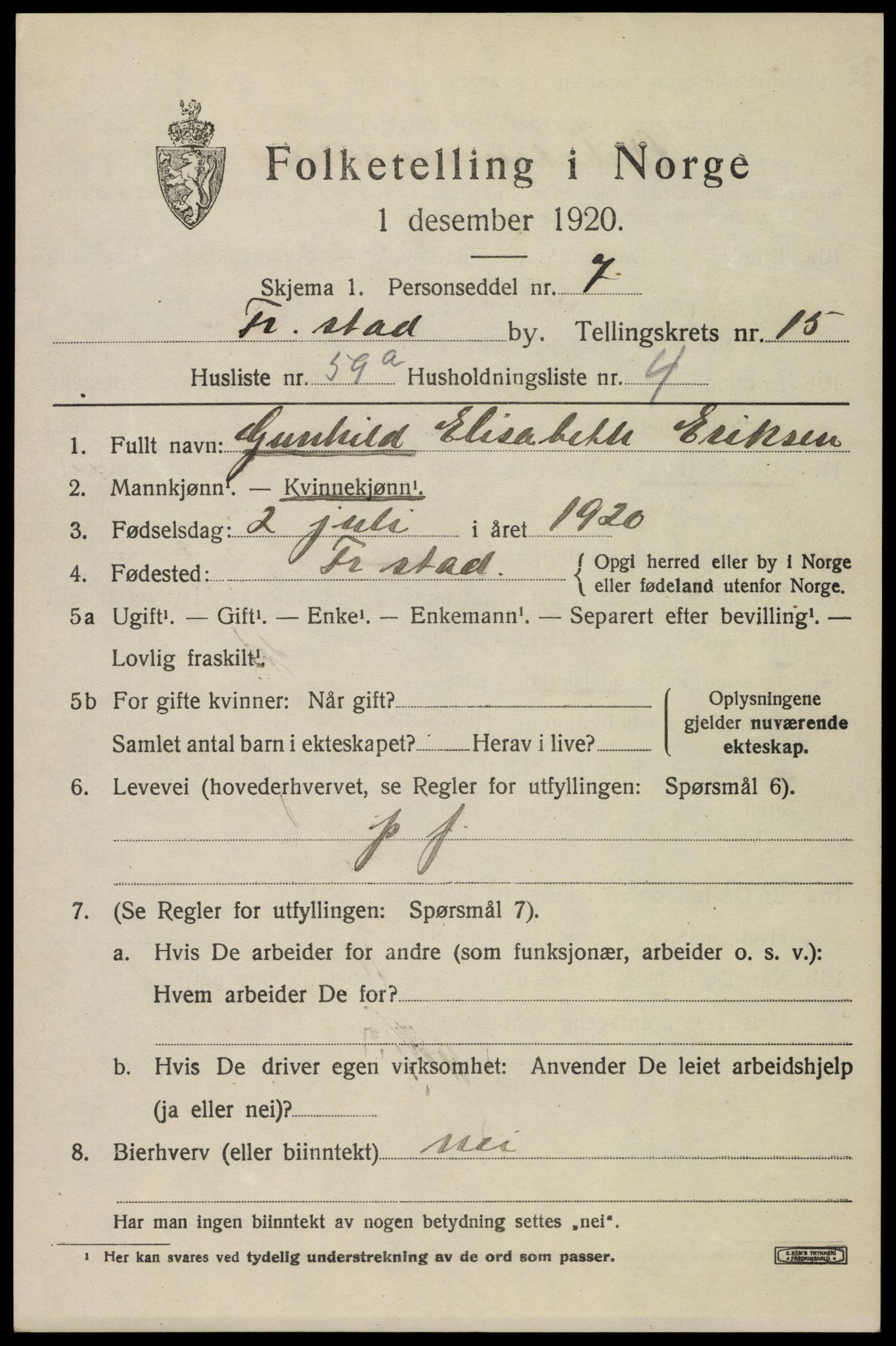 SAO, 1920 census for Fredrikstad, 1920, p. 36215