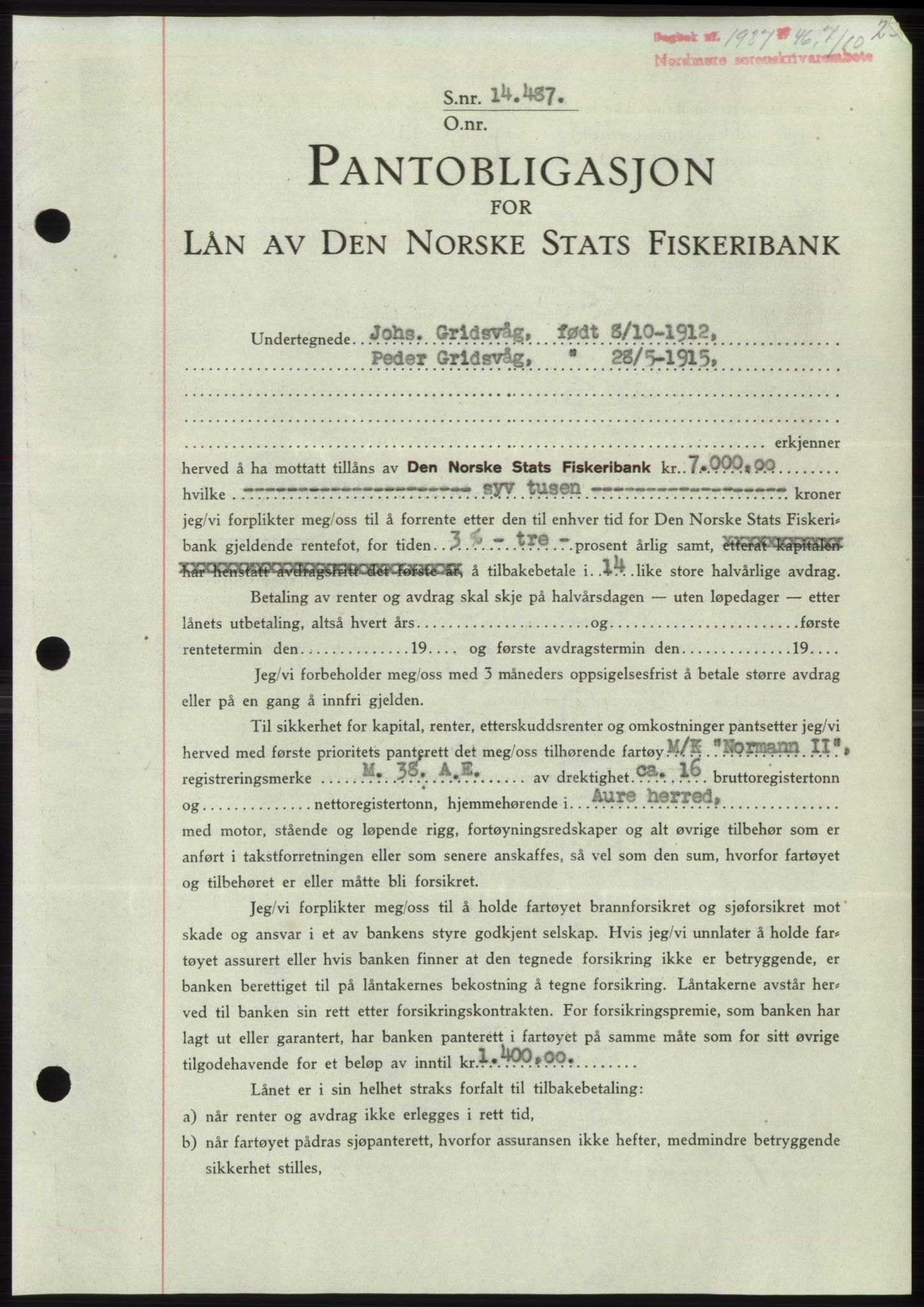 Nordmøre sorenskriveri, AV/SAT-A-4132/1/2/2Ca: Mortgage book no. B95, 1946-1947, Diary no: : 1987/1946