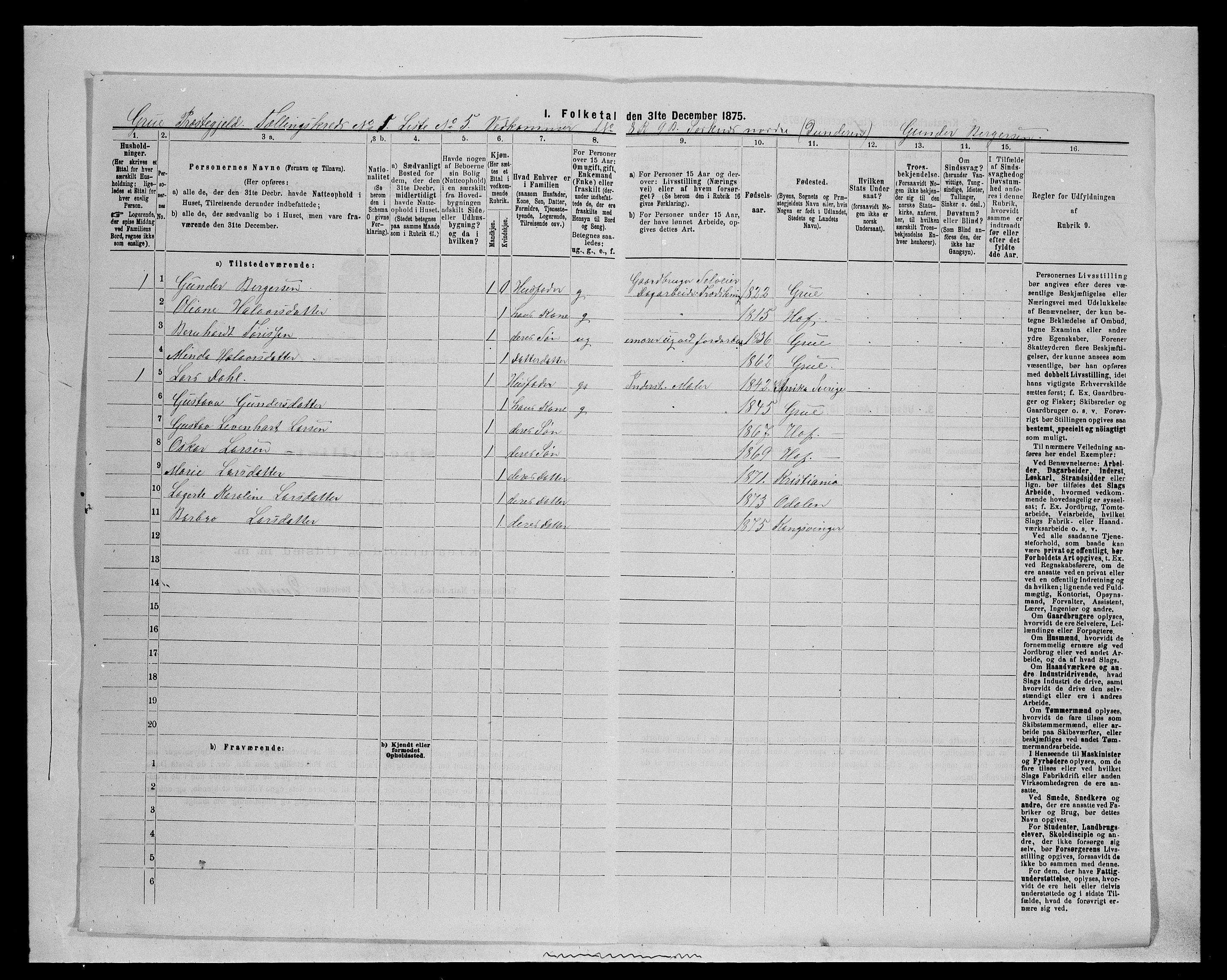 SAH, 1875 census for 0423P Grue, 1875, p. 162