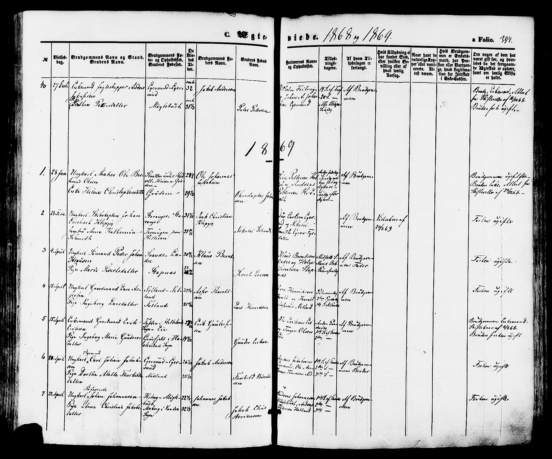 Eigersund sokneprestkontor, SAST/A-101807/S08/L0014: Parish register (official) no. A 13, 1866-1878, p. 394