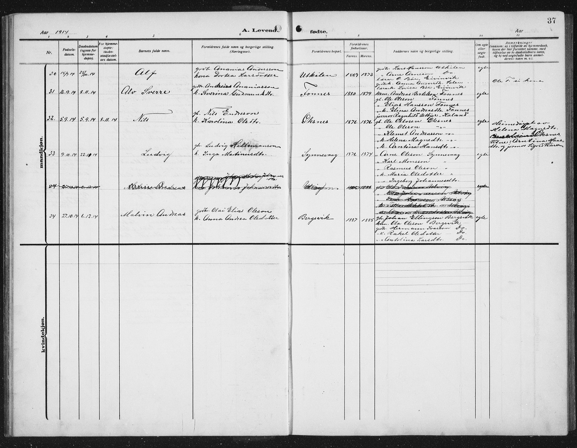 Lindås Sokneprestembete, AV/SAB-A-76701/H/Hab/Habc/L0005: Parish register (copy) no. C 5, 1910-1927, p. 37