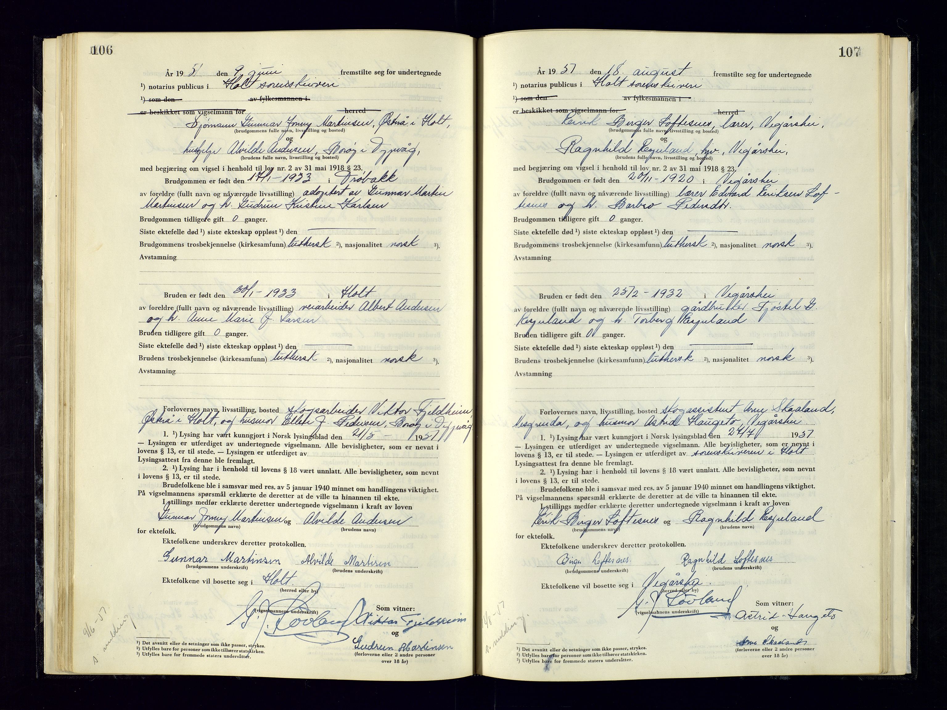 Holt sorenskriveri, AV/SAK-1221-0002/L/Ld/L0003: Vigselbok nr. 2, 1944-1964, p. 106-107