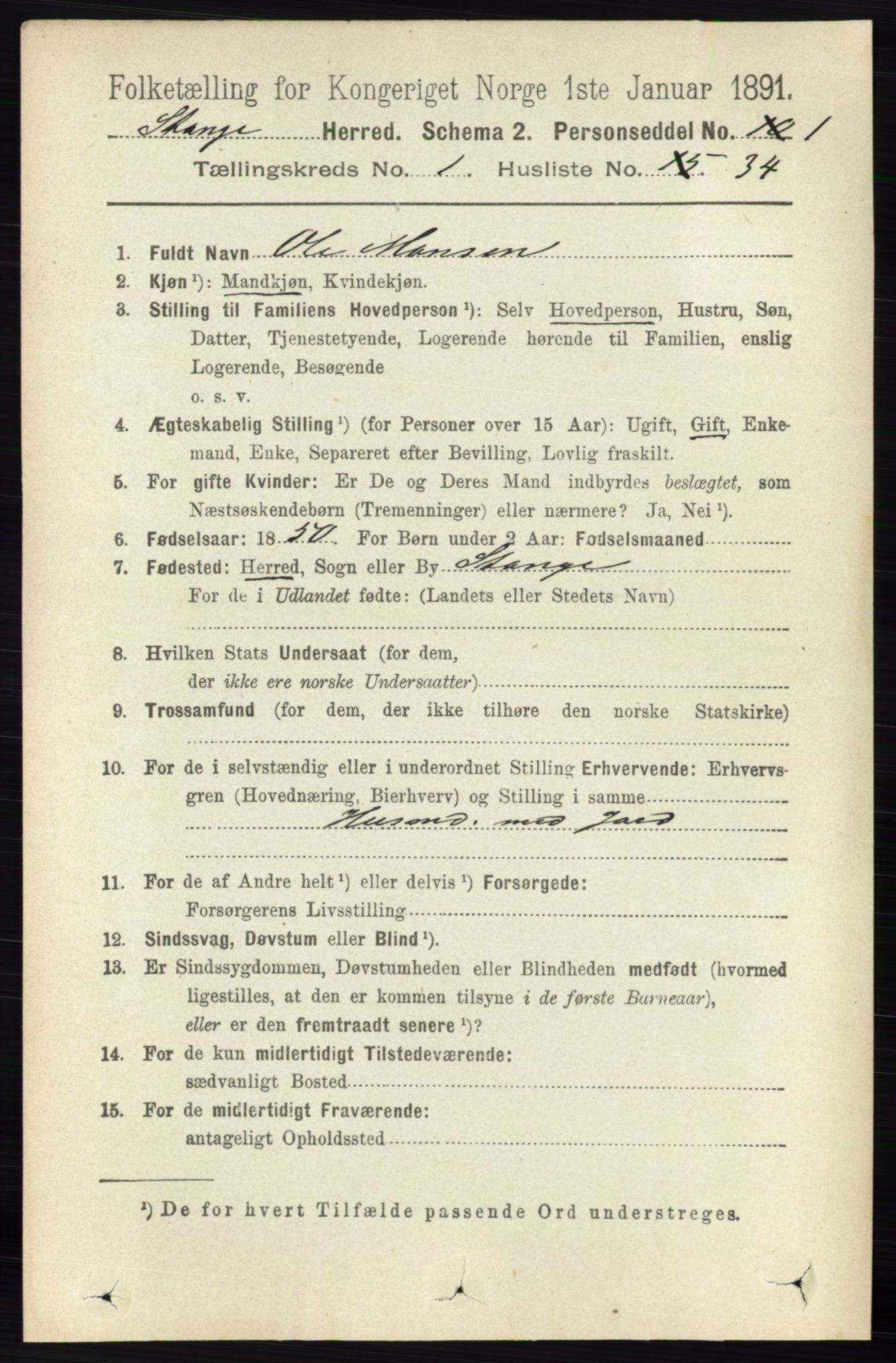 RA, 1891 census for 0417 Stange, 1891, p. 407