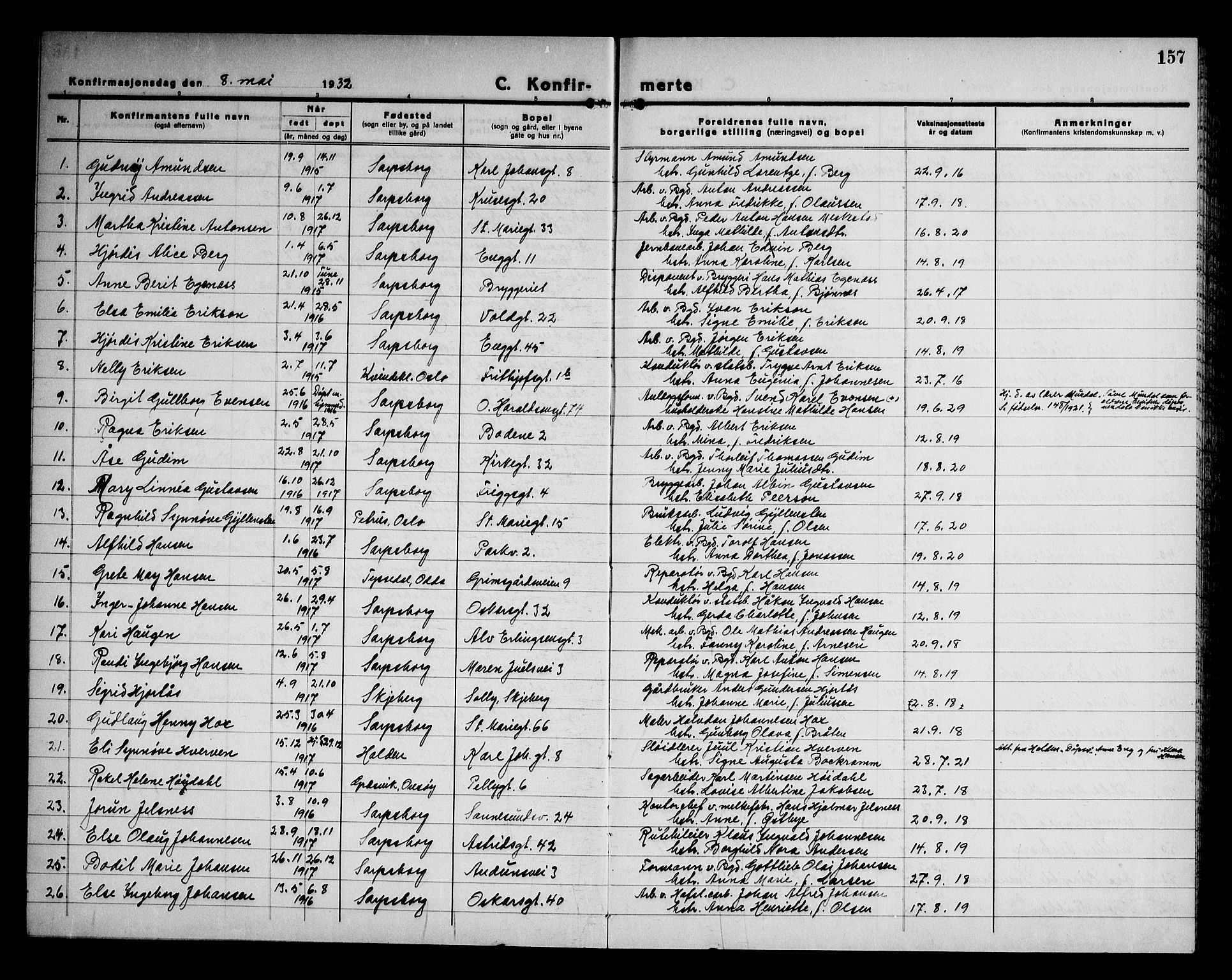 Sarpsborg prestekontor Kirkebøker, AV/SAO-A-2006/G/Ga/L0005: Parish register (copy) no. 5, 1932-1950, p. 157