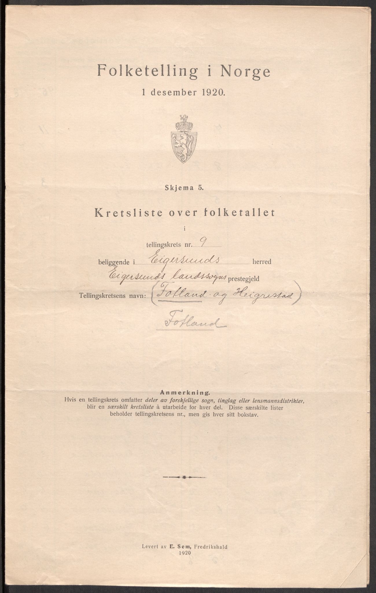 SAST, 1920 census for Eigersund, 1920, p. 31