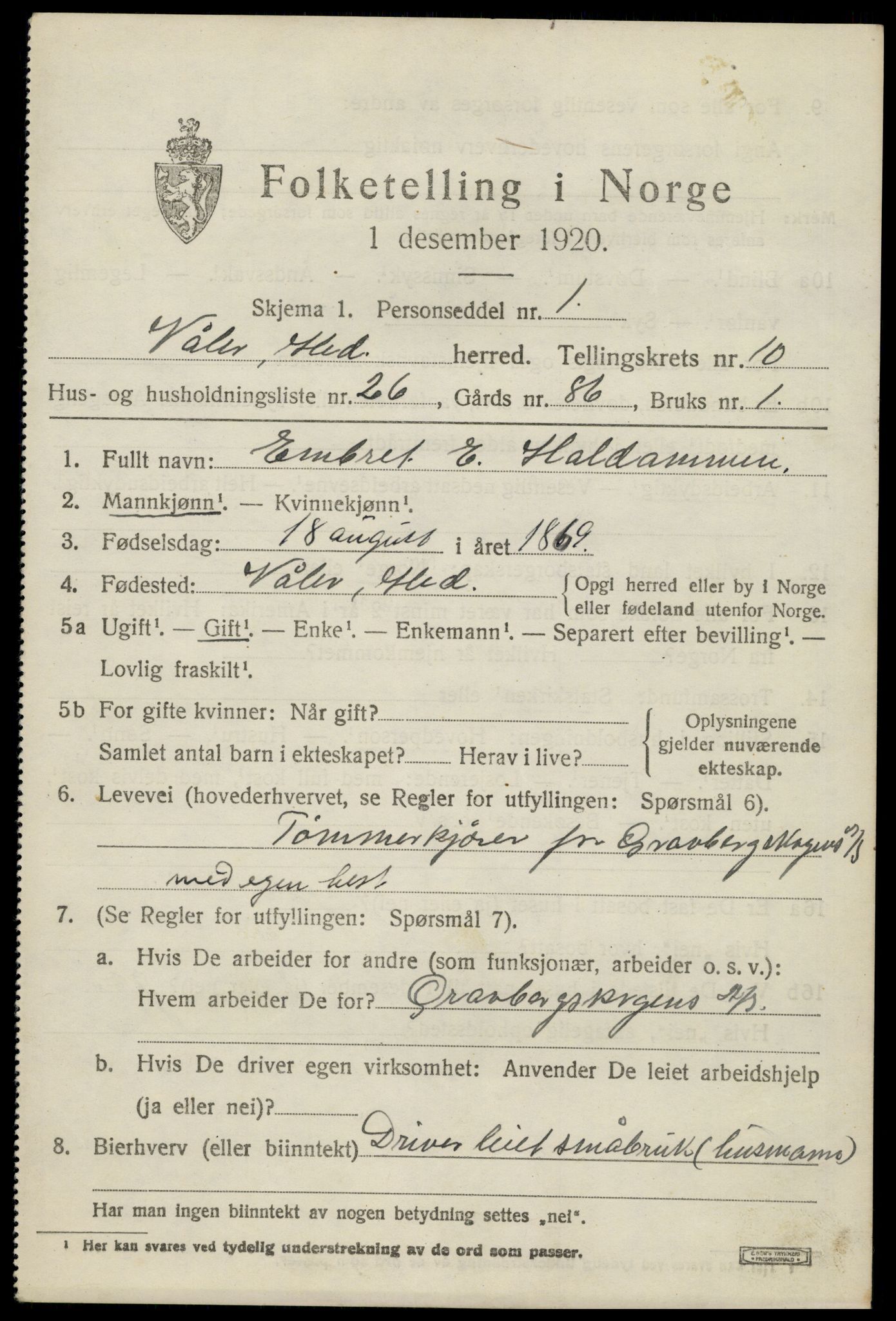 SAH, 1920 census for Våler (Hedmark), 1920, p. 10185