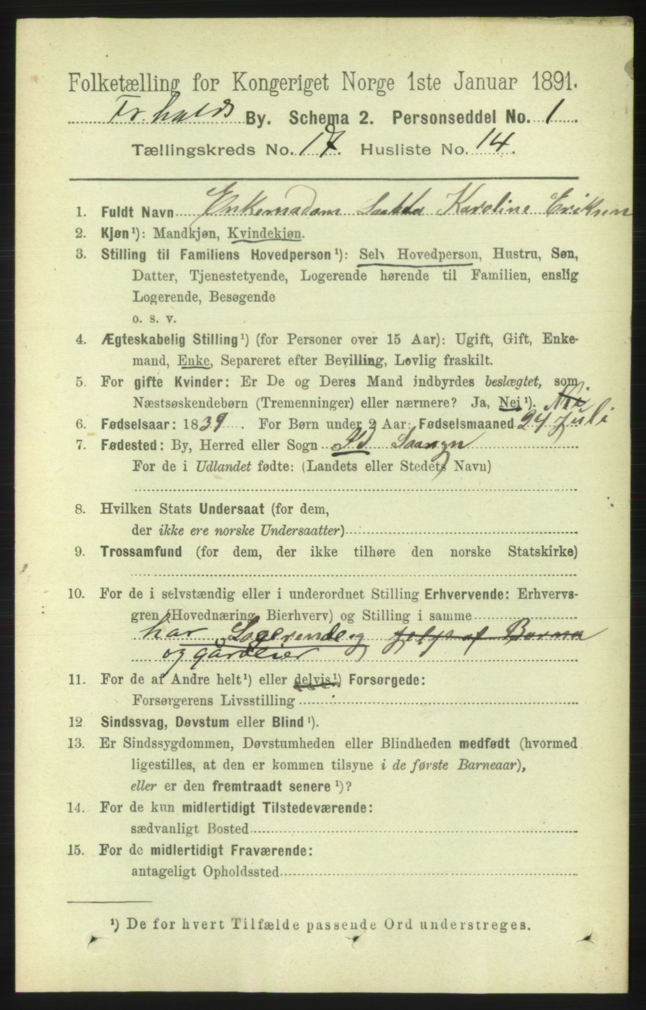 RA, 1891 census for 0101 Fredrikshald, 1891, p. 11101