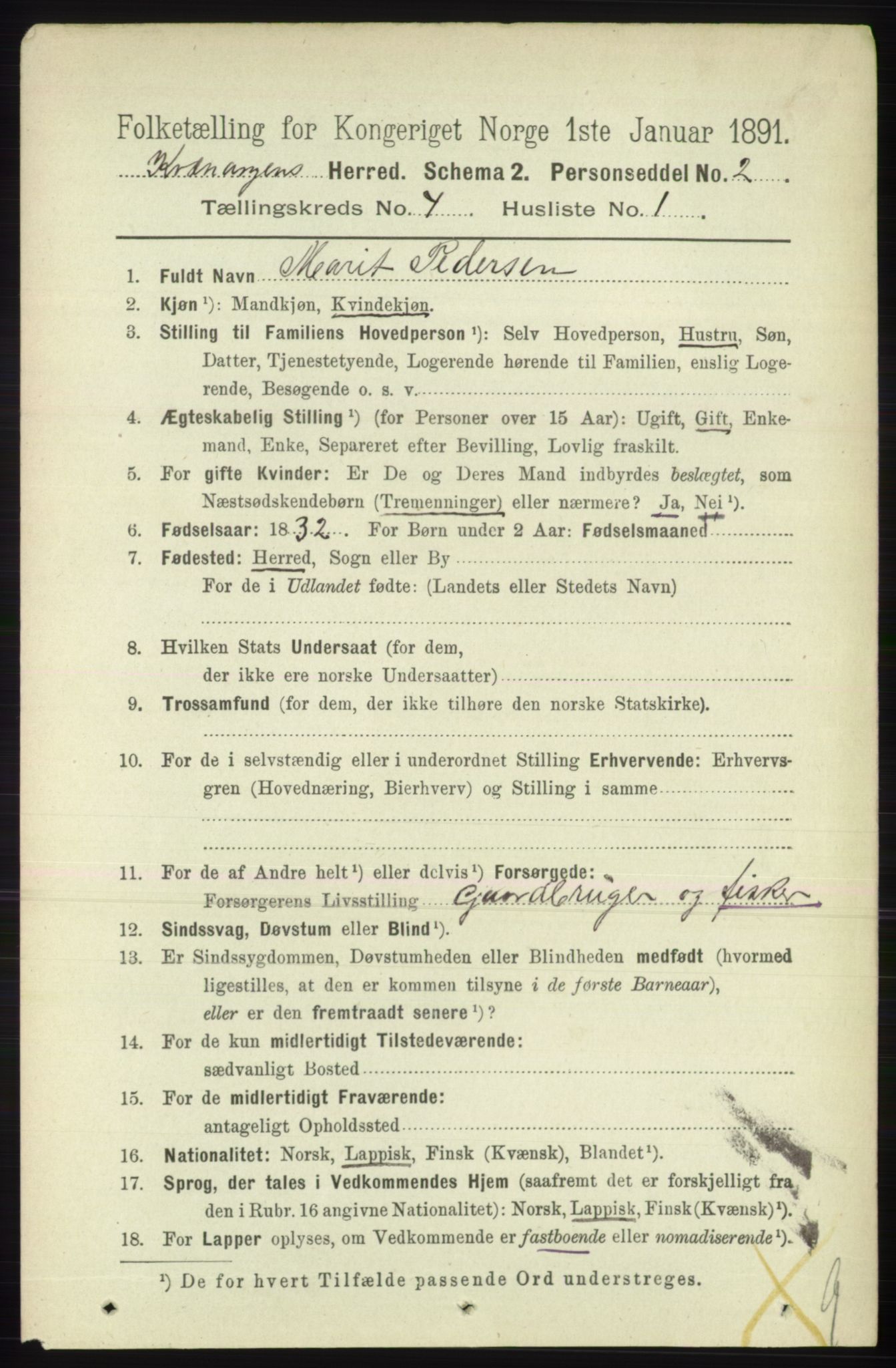 RA, 1891 census for 1943 Kvænangen, 1891, p. 1543