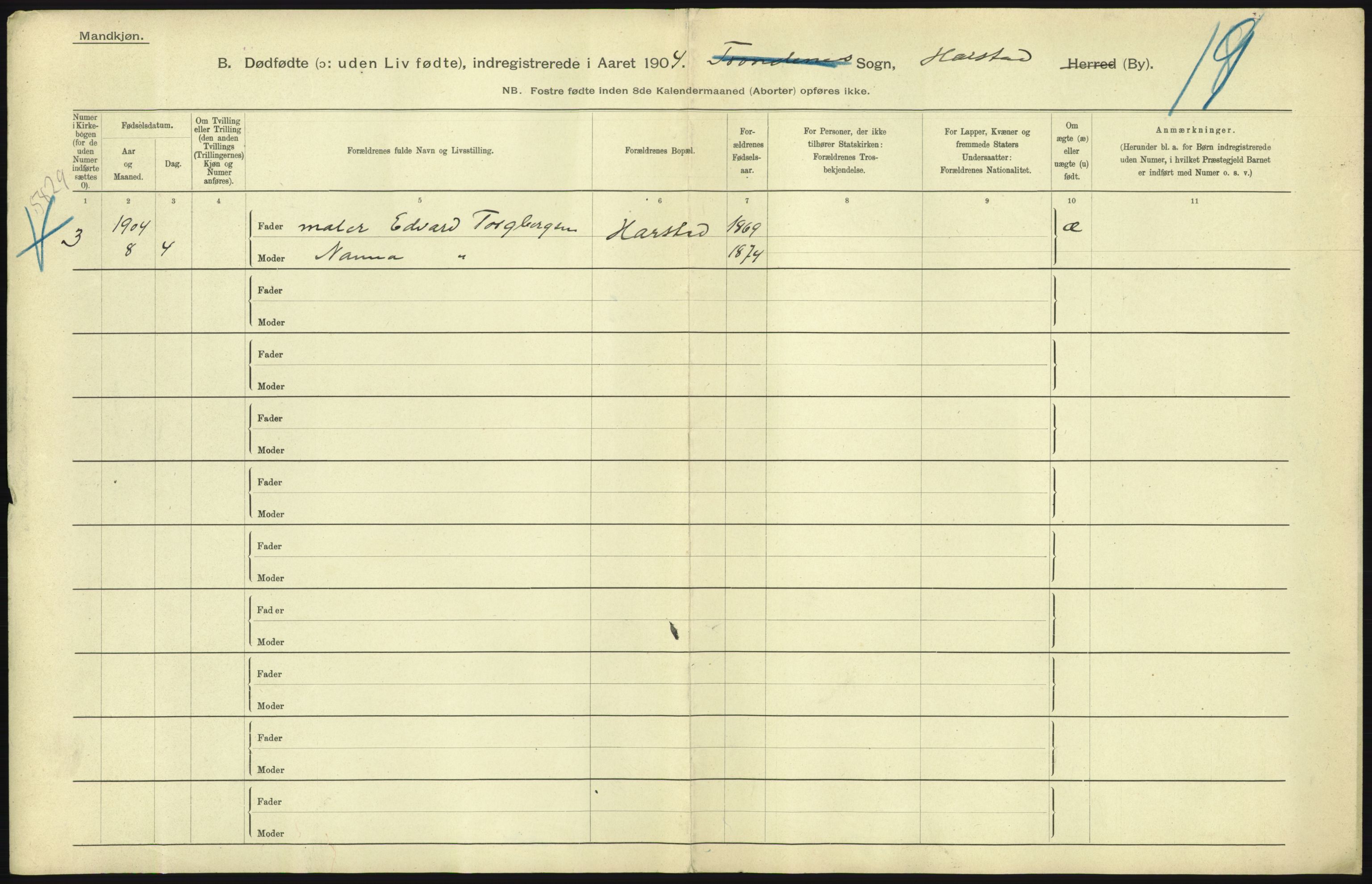 Statistisk sentralbyrå, Sosiodemografiske emner, Befolkning, RA/S-2228/D/Df/Dfa/Dfab/L0027: Smålenes amt - Finnmarkens amt: Dødfødte. Byer, 1904, p. 211