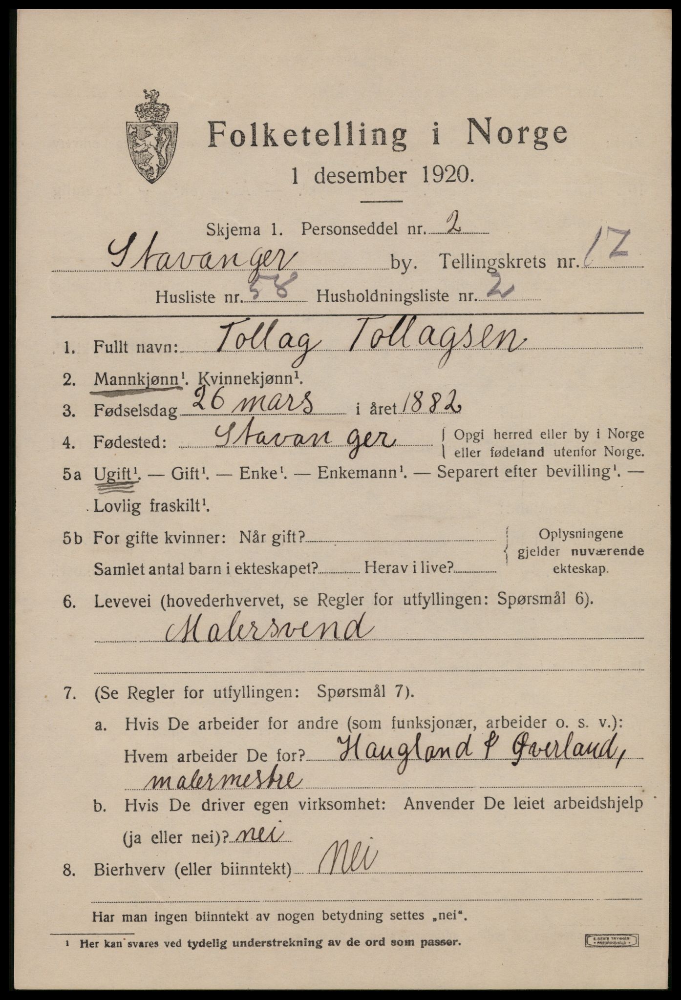 SAST, 1920 census for Stavanger, 1920, p. 66058