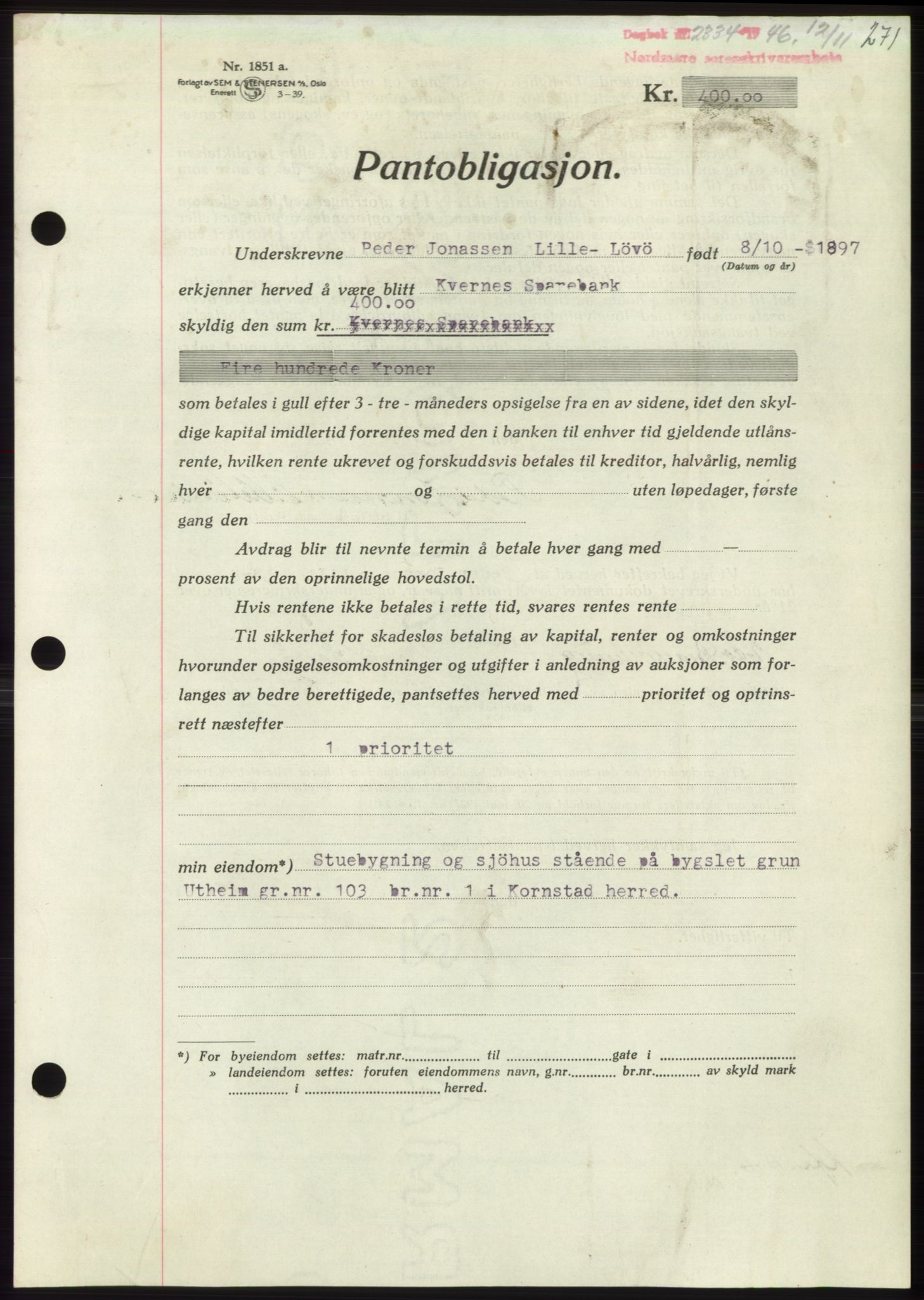 Nordmøre sorenskriveri, AV/SAT-A-4132/1/2/2Ca: Mortgage book no. B95, 1946-1947, Diary no: : 2334/1946