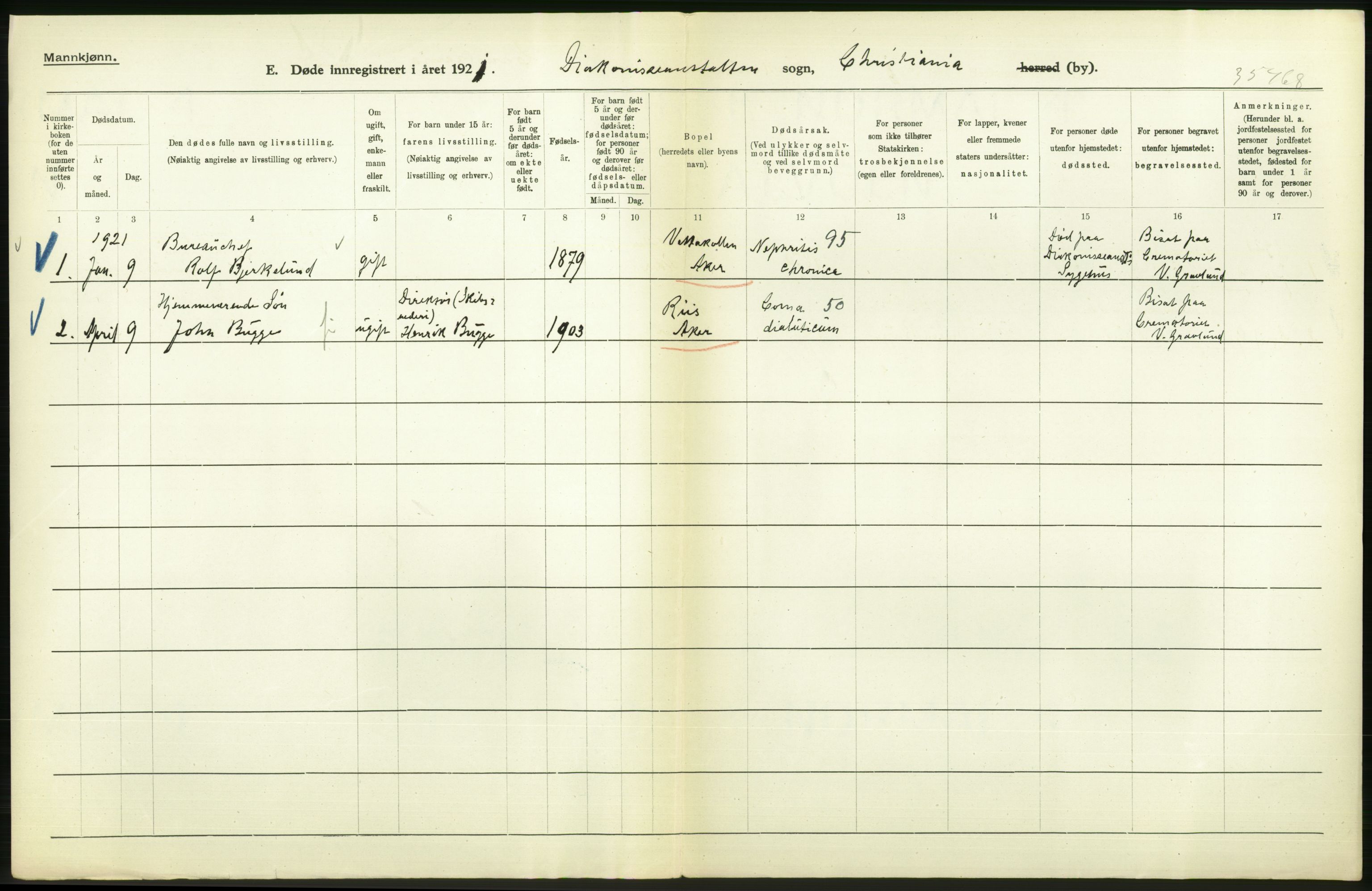 Statistisk sentralbyrå, Sosiodemografiske emner, Befolkning, RA/S-2228/D/Df/Dfc/Dfca/L0013: Kristiania: Døde, dødfødte, 1921, p. 262