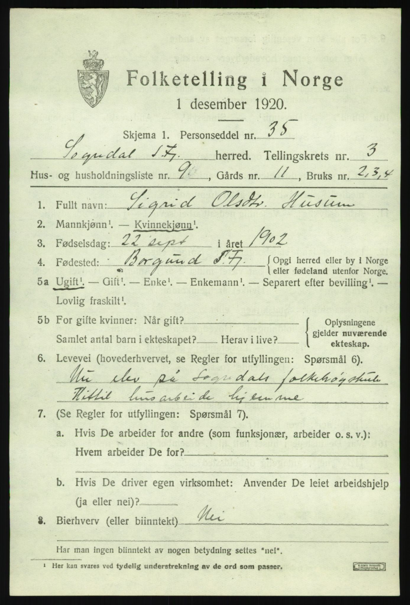 SAB, 1920 census for Sogndal, 1920, p. 2269