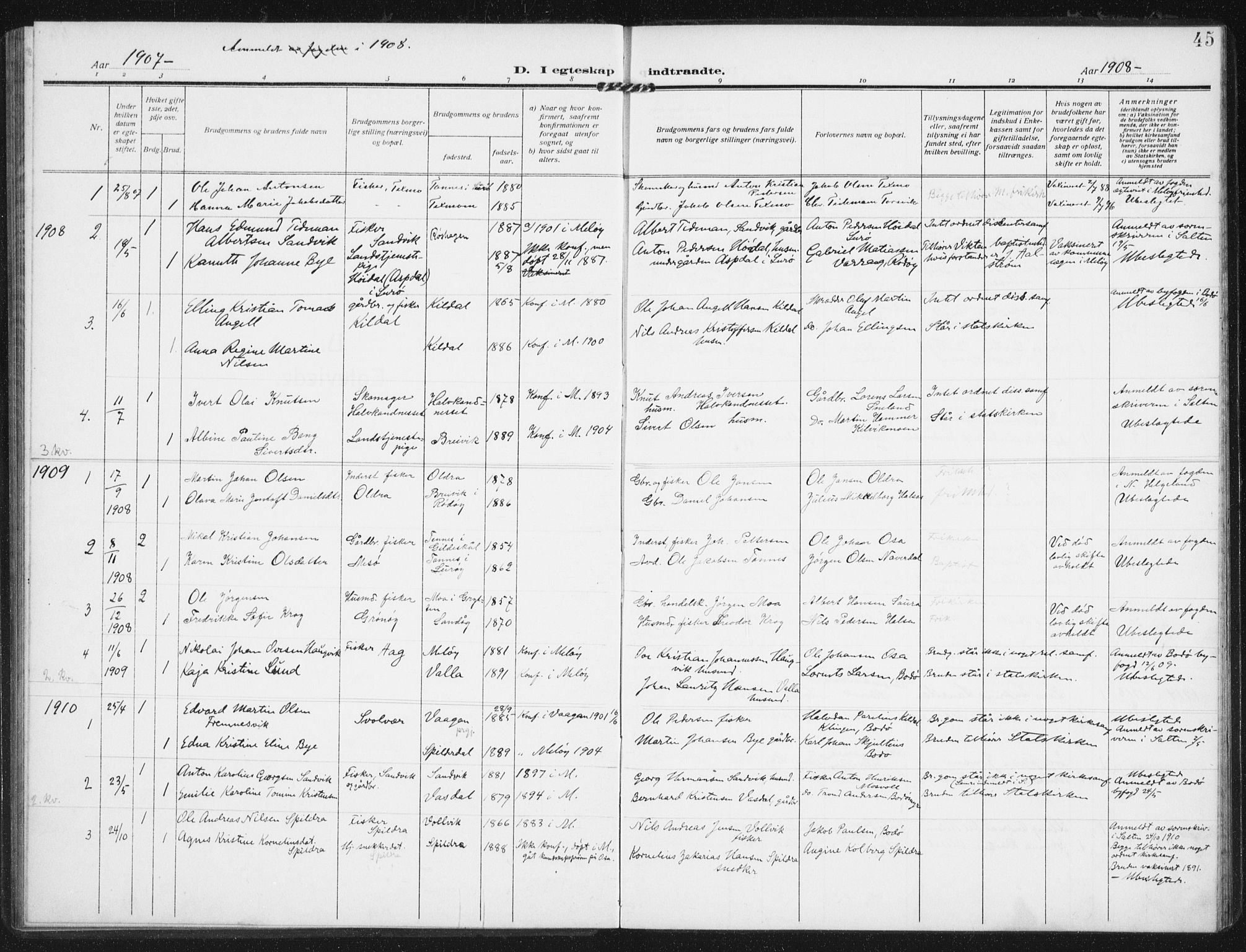 Ministerialprotokoller, klokkerbøker og fødselsregistre - Nordland, SAT/A-1459/843/L0629: Parish register (official) no. 843A04, 1907-1925, p. 45
