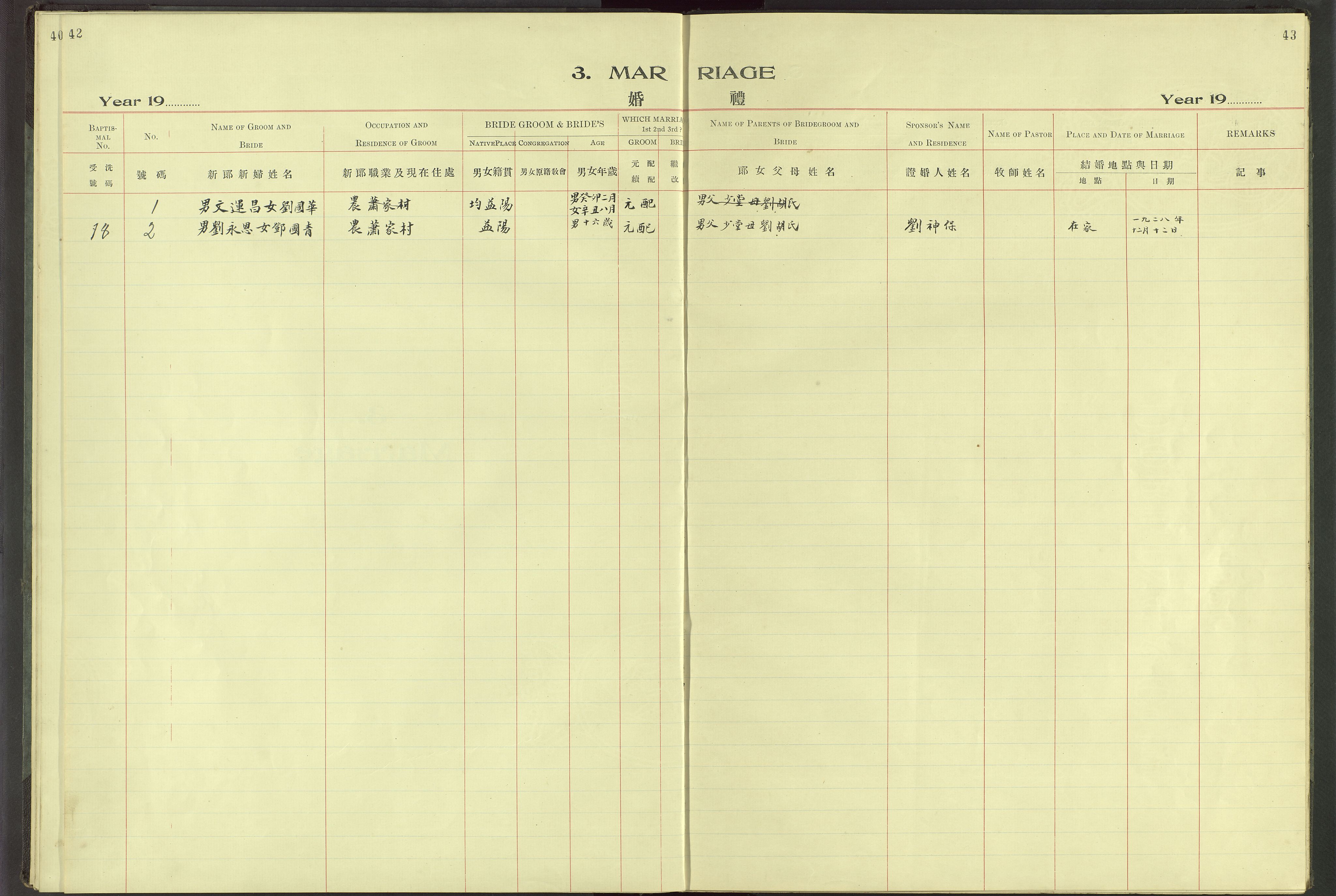 Det Norske Misjonsselskap - utland - Kina (Hunan), VID/MA-A-1065/Dm/L0064: Parish register (official) no. 102, 1913-1946, p. 42-43