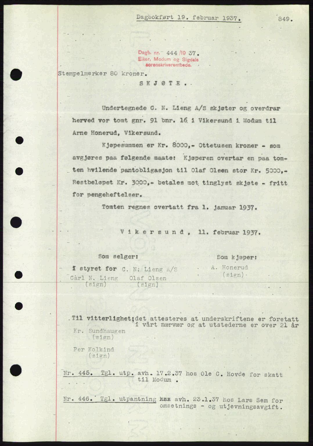 Eiker, Modum og Sigdal sorenskriveri, SAKO/A-123/G/Ga/Gab/L0034: Mortgage book no. A4, 1936-1937, Diary no: : 444/1937