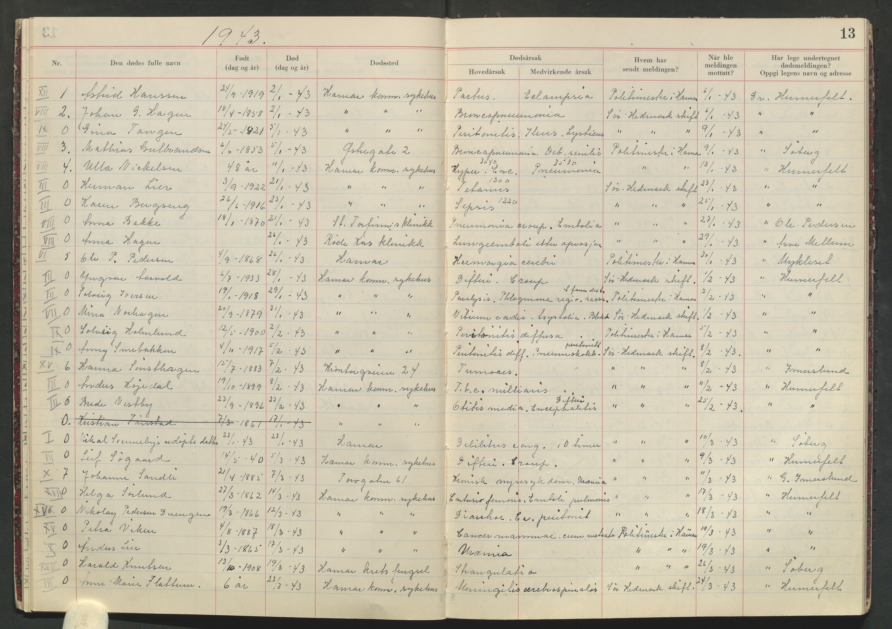 Hamar helseråd, SAH/HELSER-005/I/Ia/L0001/0002: Protokoller for dødsfallsmeldinger / Protokoll for dødsfallsmeldinger, 1940-1950, p. 13