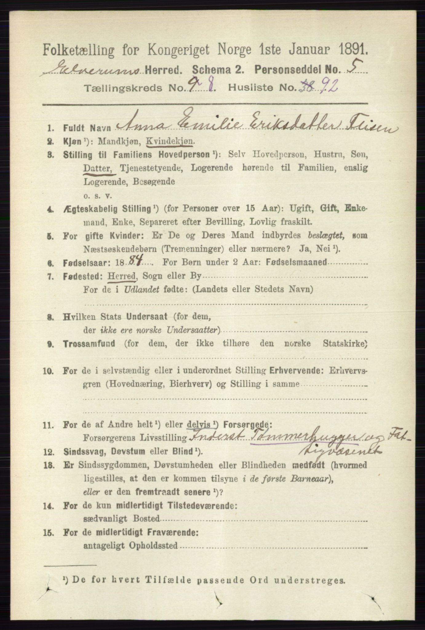 RA, 1891 census for 0427 Elverum, 1891, p. 7595