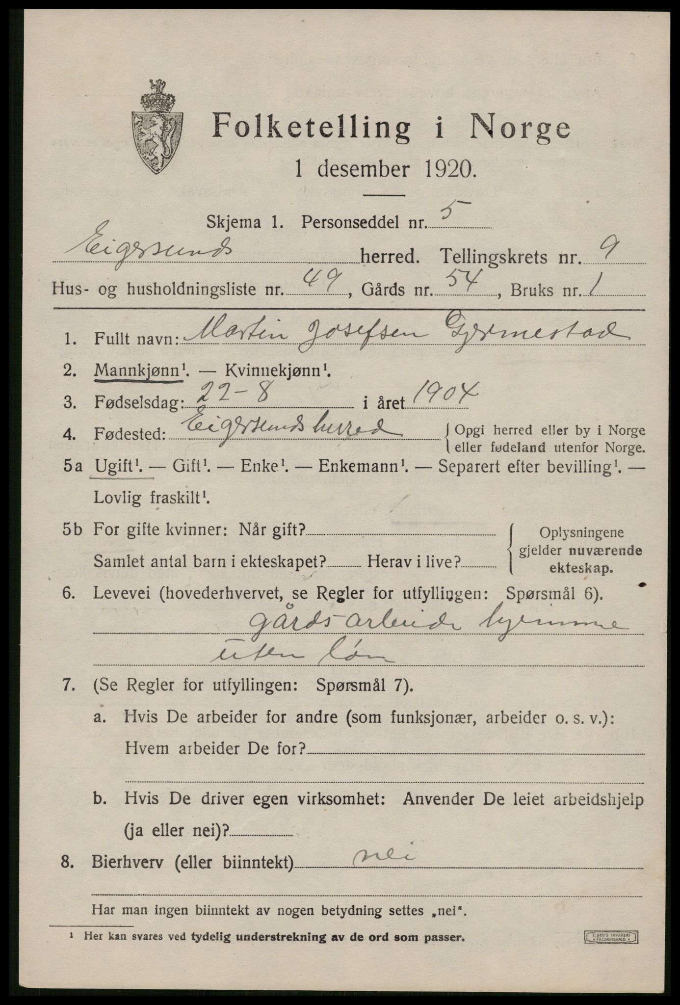 SAST, 1920 census for Eigersund, 1920, p. 6313