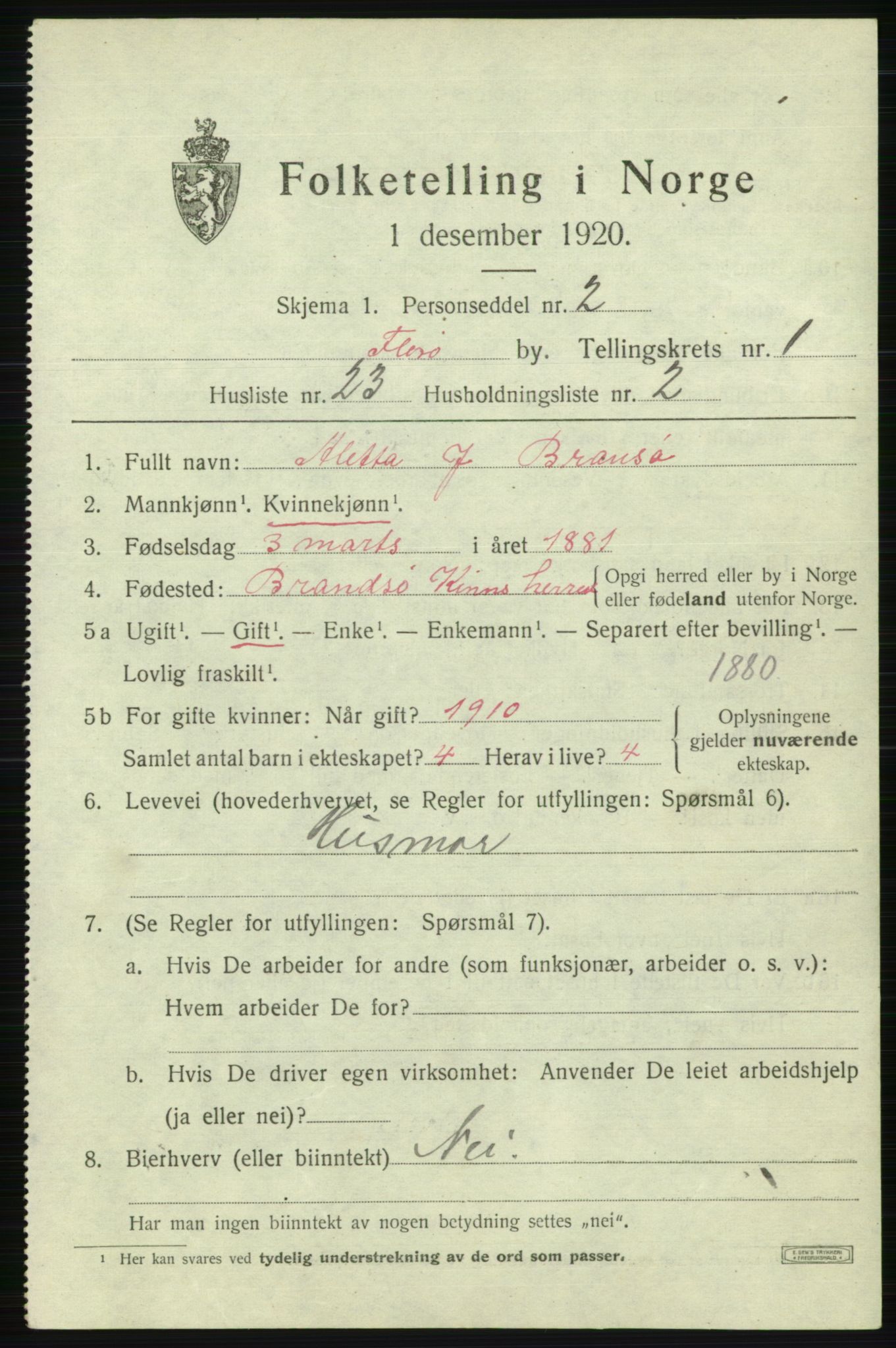 SAB, 1920 census for Florø, 1920, p. 1530