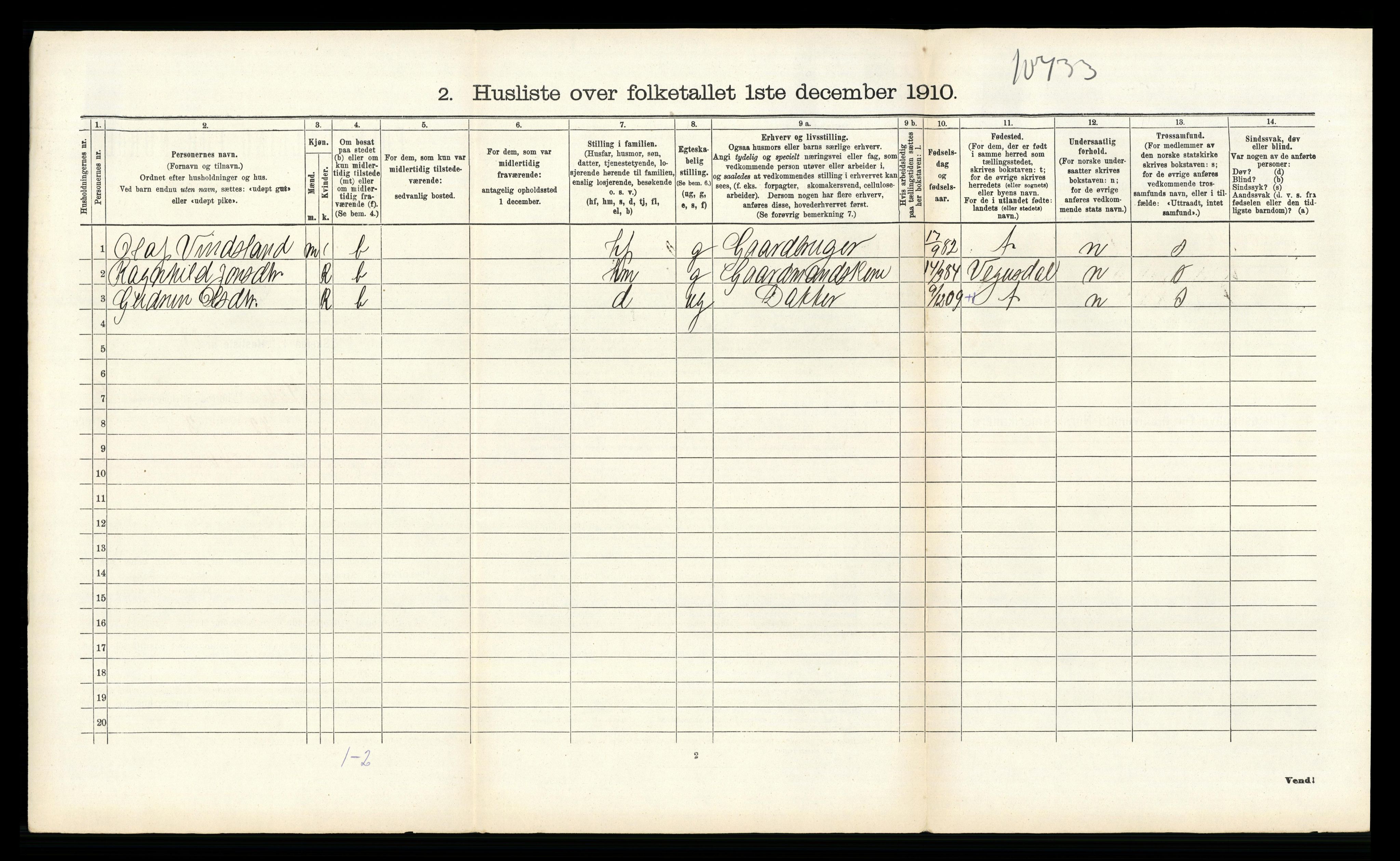 RA, 1910 census for Birkenes, 1910, p. 727