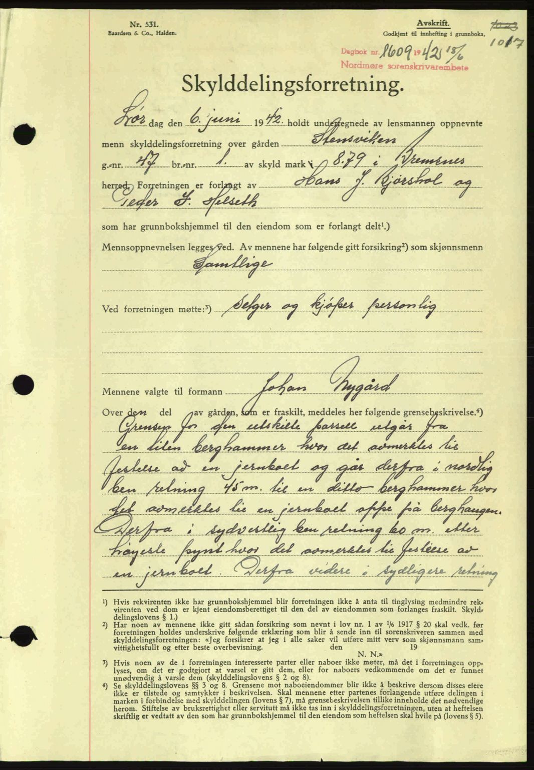 Nordmøre sorenskriveri, AV/SAT-A-4132/1/2/2Ca: Mortgage book no. A92, 1942-1942, Diary no: : 1609/1942