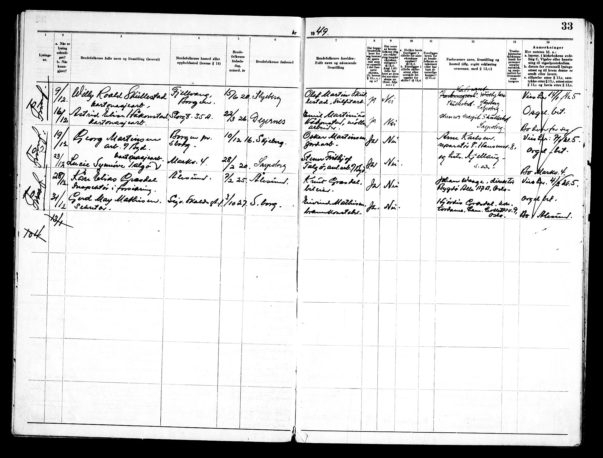 Sarpsborg prestekontor Kirkebøker, AV/SAO-A-2006/H/Ha/L0005: Banns register no. 5, 1947-1955, p. 33