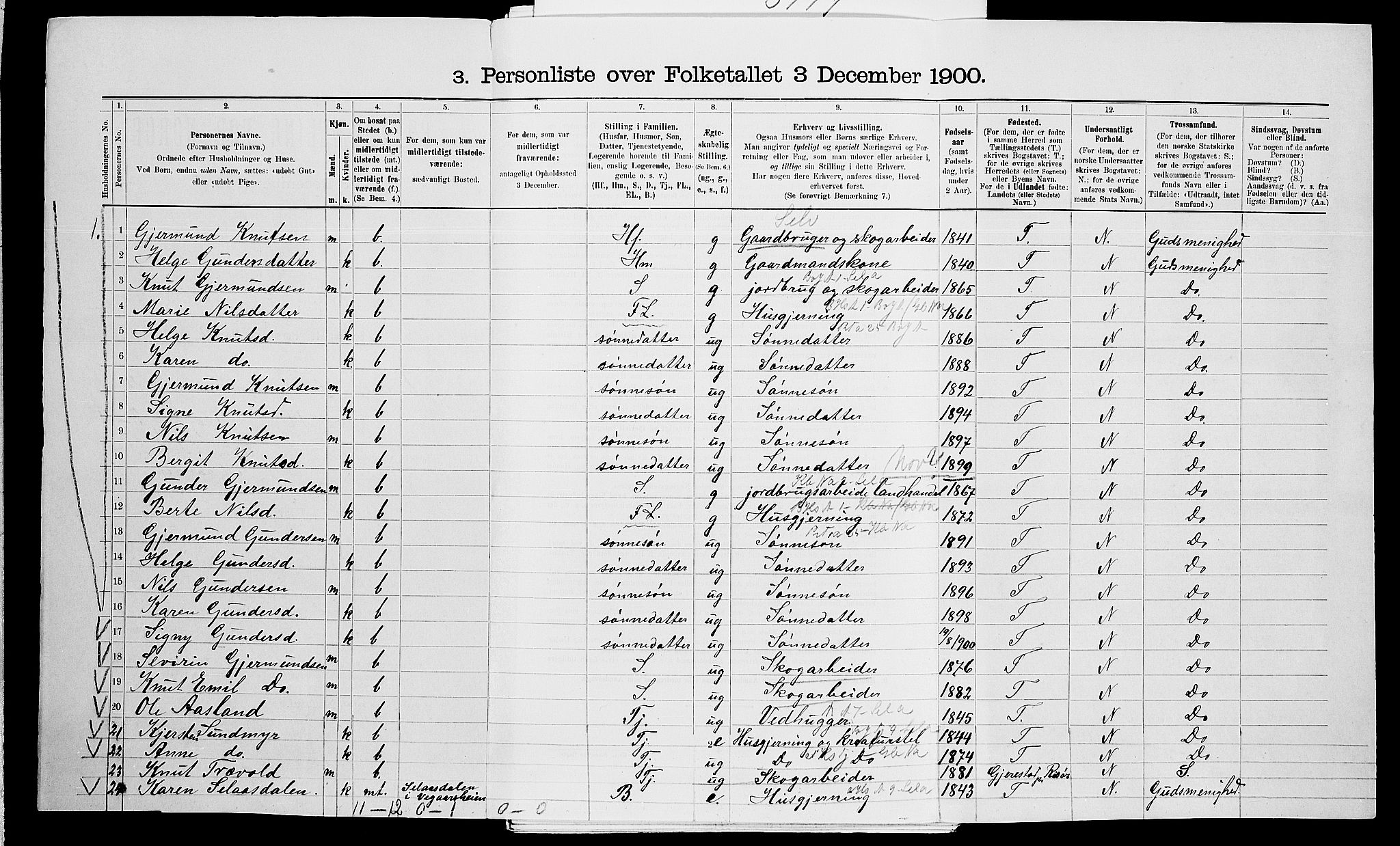 SAK, 1900 census for Vegårshei, 1900, p. 256