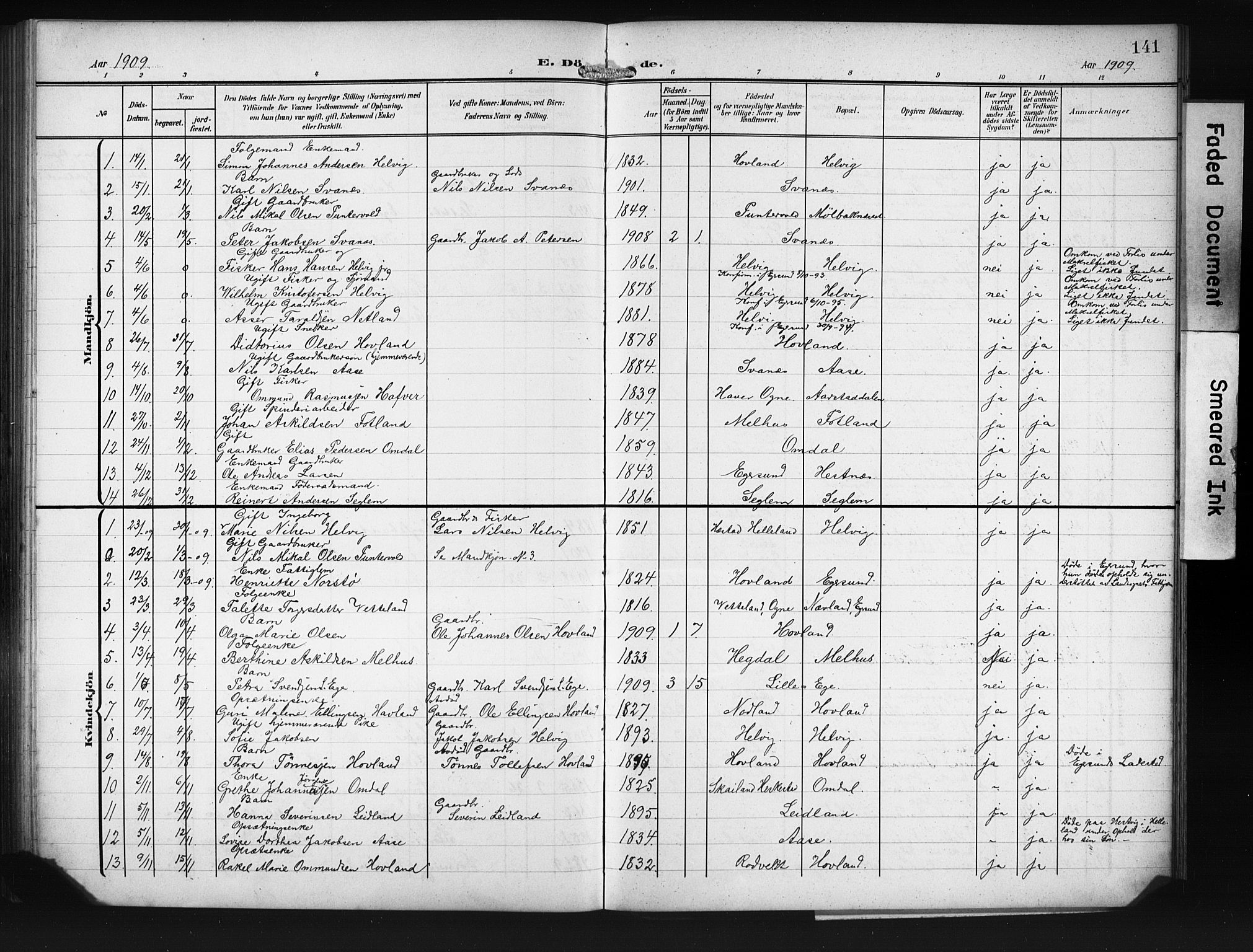 Eigersund sokneprestkontor, SAST/A-101807/S09/L0011: Parish register (copy) no. B 11, 1908-1930, p. 141