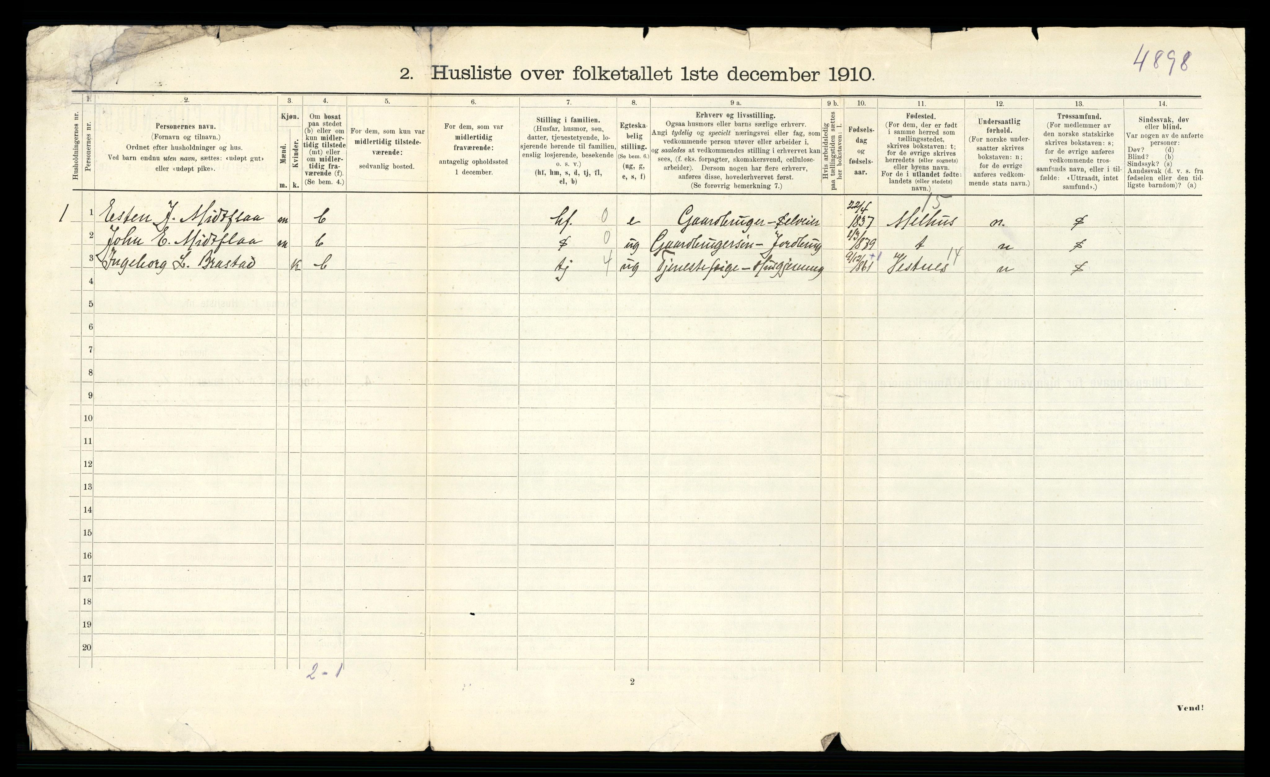 RA, 1910 census for Flå, 1910, p. 18