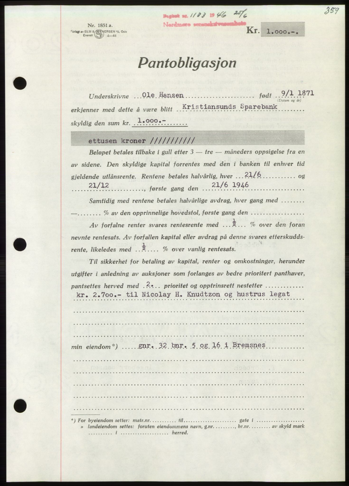 Nordmøre sorenskriveri, AV/SAT-A-4132/1/2/2Ca: Mortgage book no. B94, 1946-1946, Diary no: : 1133/1946